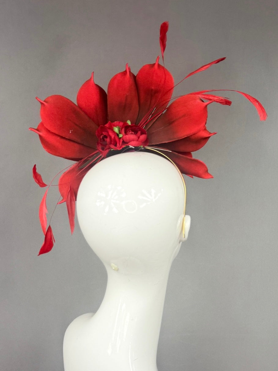 Kentucky Derby Fascinator Hat |  Red magnolias and feathers  Headpiece | Derbyologie