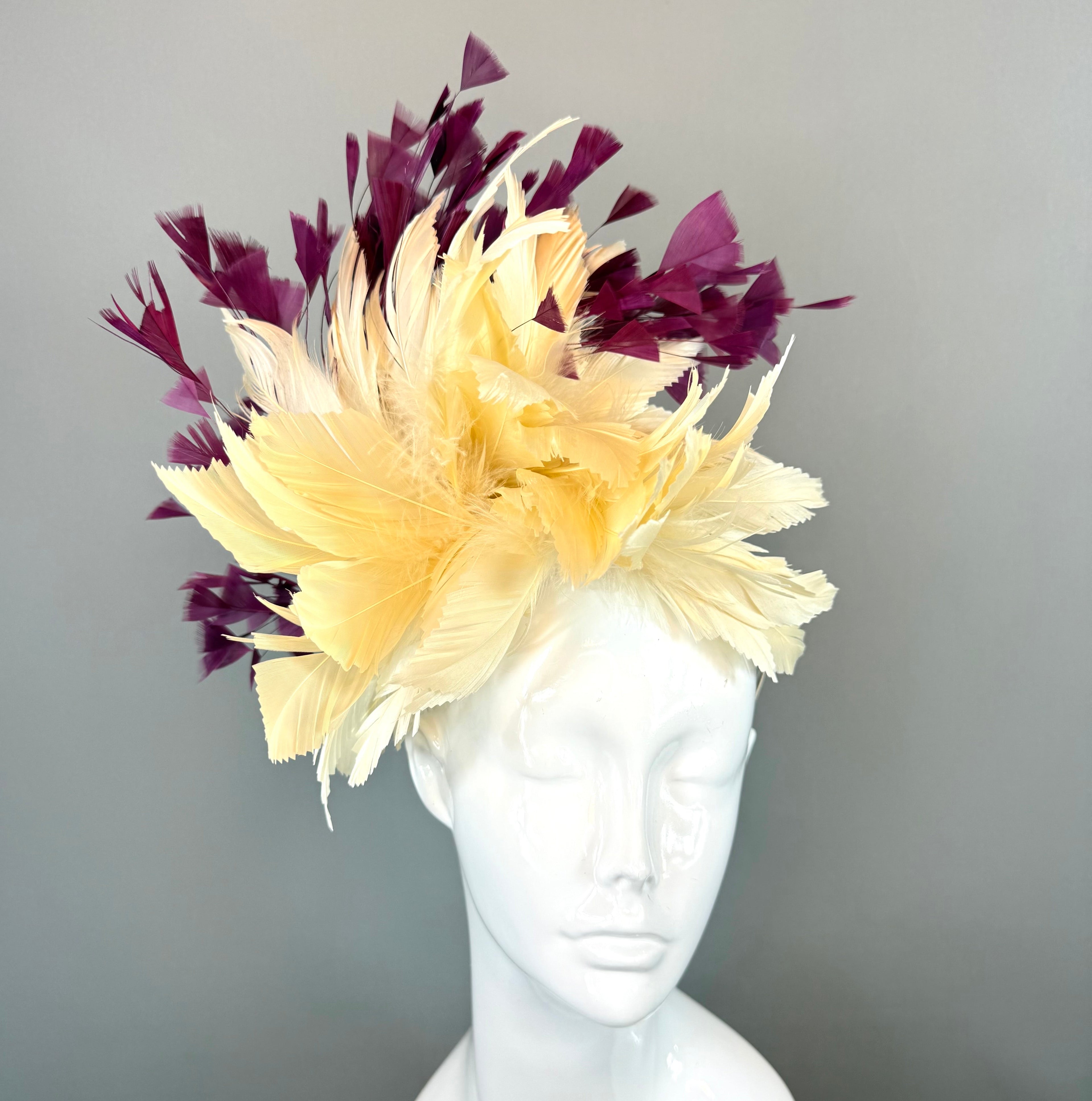 Kentucky Derby Fascinator Hat | Maroon Purple and Ivory Feather Headpiece | Derbyologie