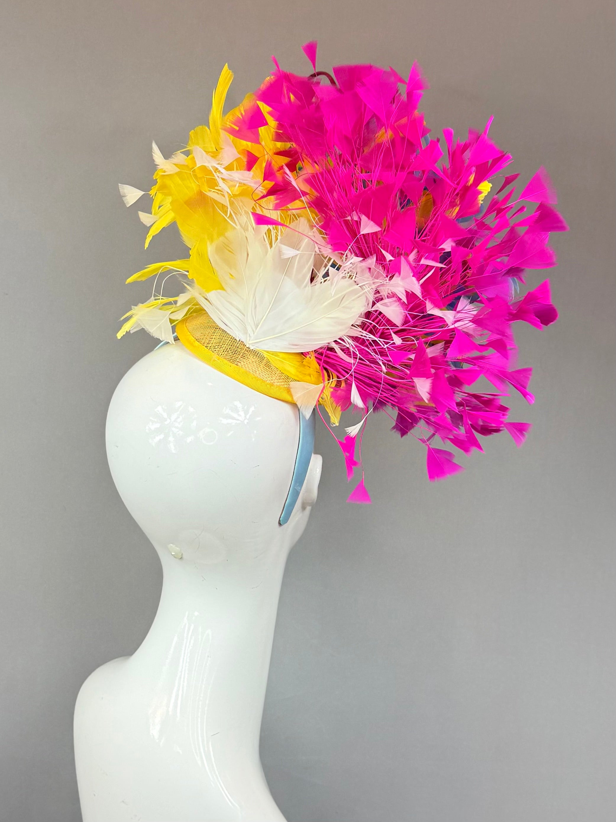 Kentucky Derby Fascinator Hat | Pink, Blue, Yellow Feather Headpiece| Derbyologie