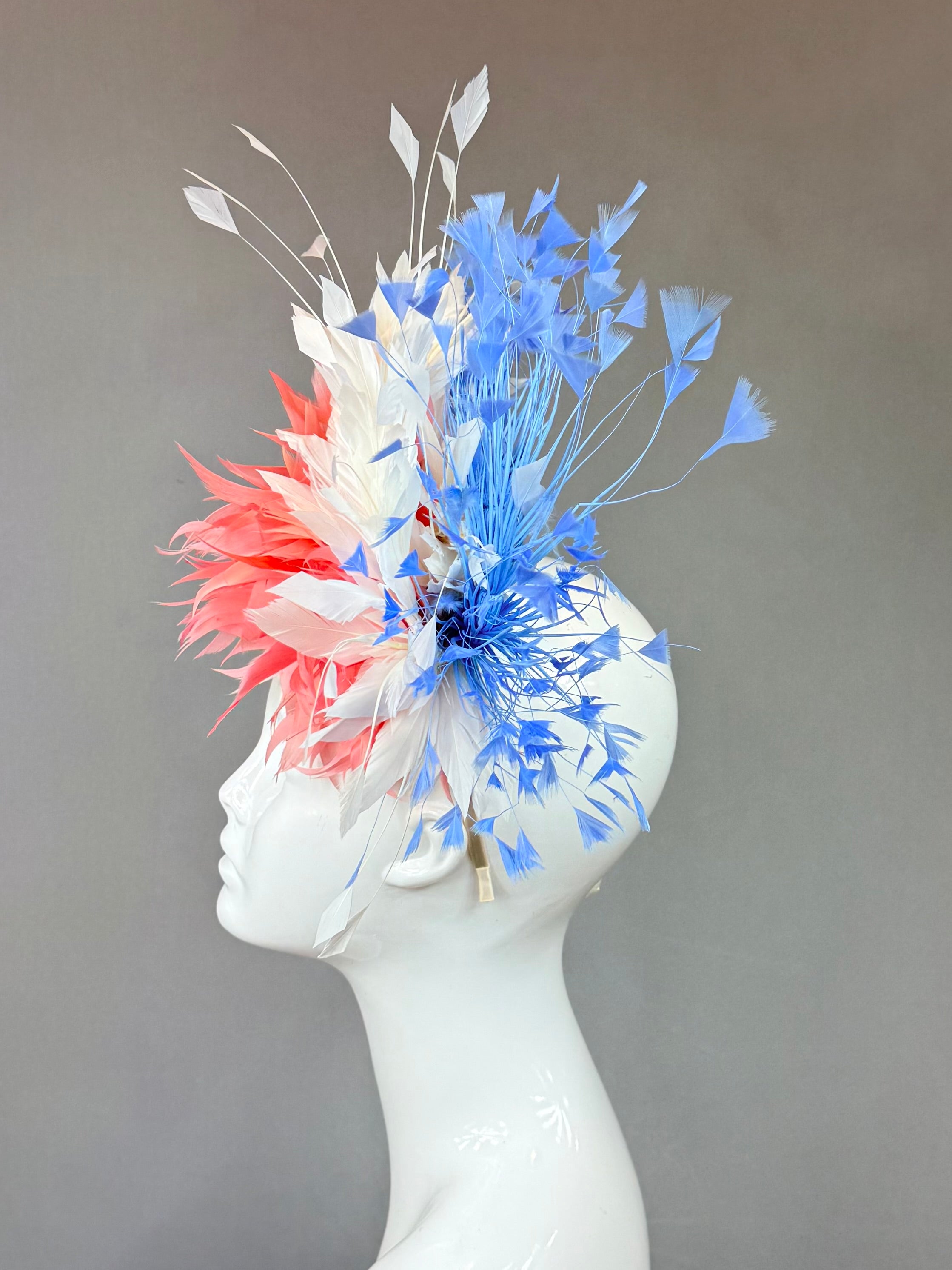 Kentucky Derby Fascinator Hat | Coral, white, and blue feathered Headband Hat | Derbyologie