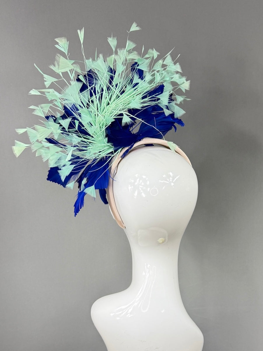 Kentucky Derby Fascinator Hat | Navy and mint green feathered Headpiece | Derbyologie