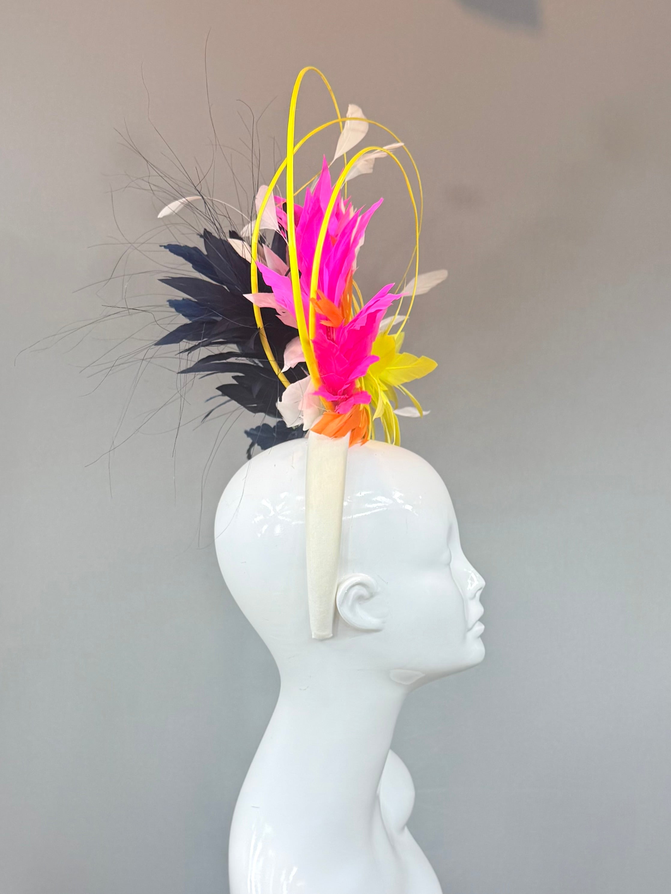 Kentucky Derby Fascinator Hat | Neon Pink, Yellow, Orange Feather Hat | Derbyologie
