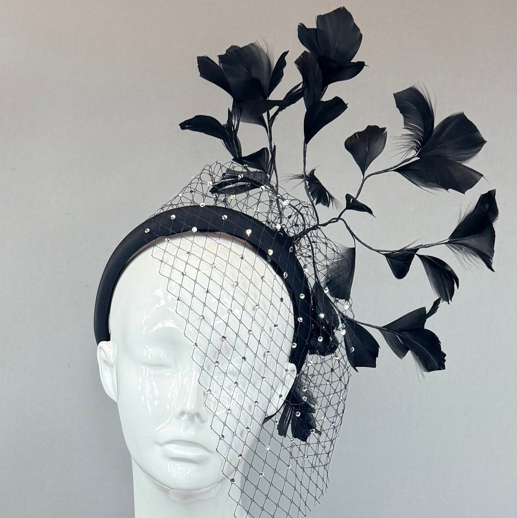 Kentucky Derby Fascinator Hat | Black Rhinestone Feather Hat | Derbyologie