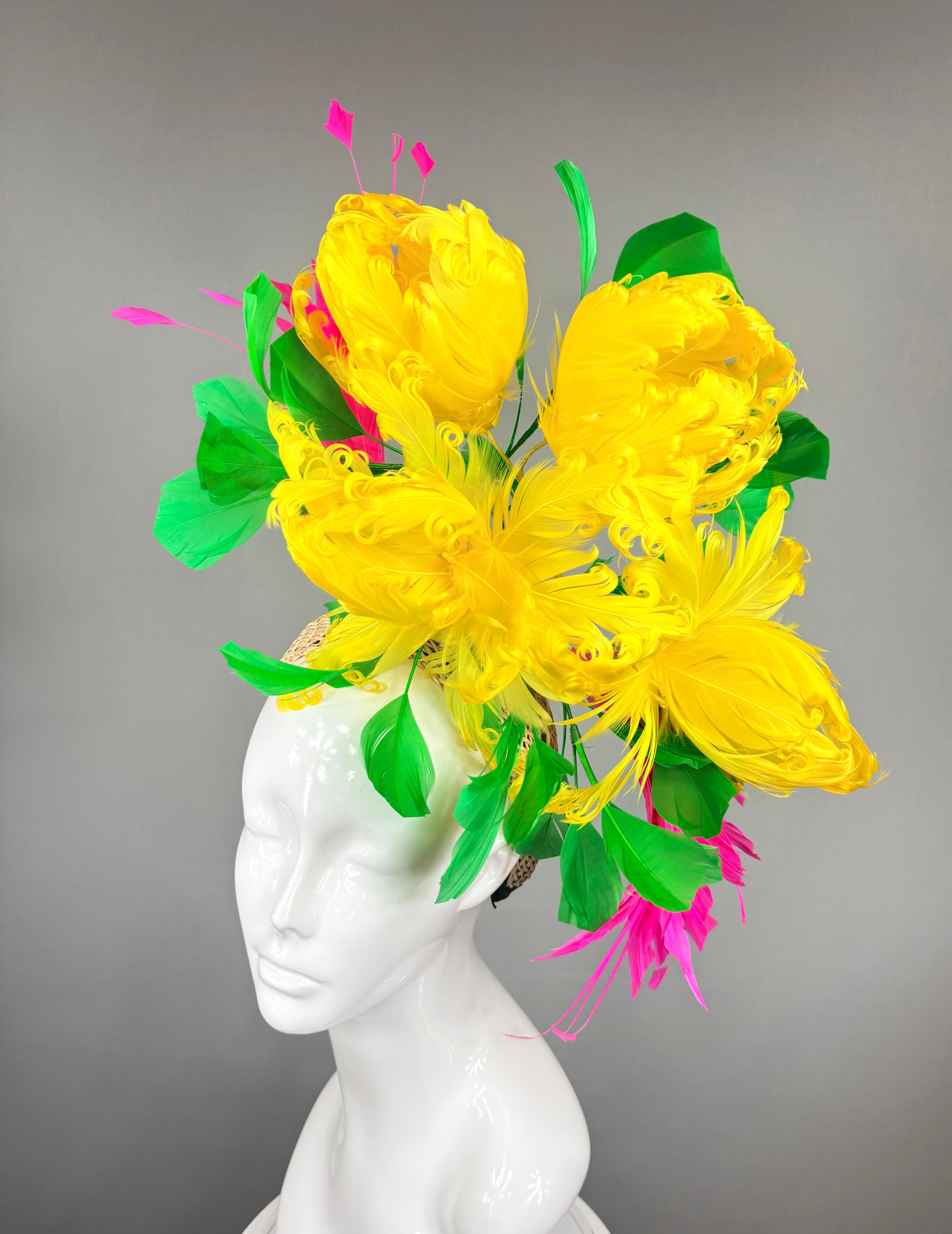 Kentucky Derby Fascinator Hat | Yellow Pink & Green Feather Fascinator Hat | Derbyologie