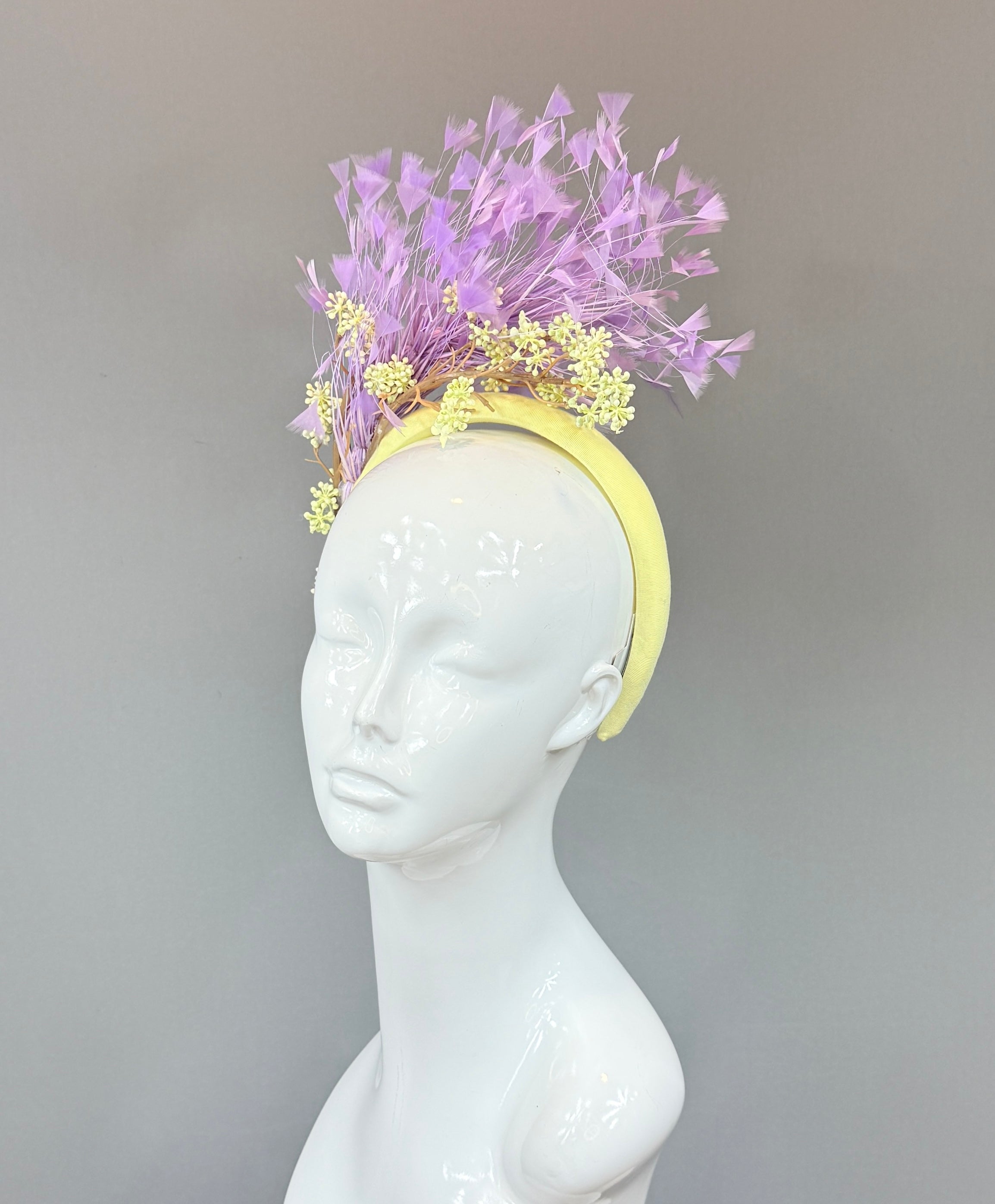 Kentucky Derby Fascinator Hat | Purple and Yellow feather headpiece | Derbyologie
