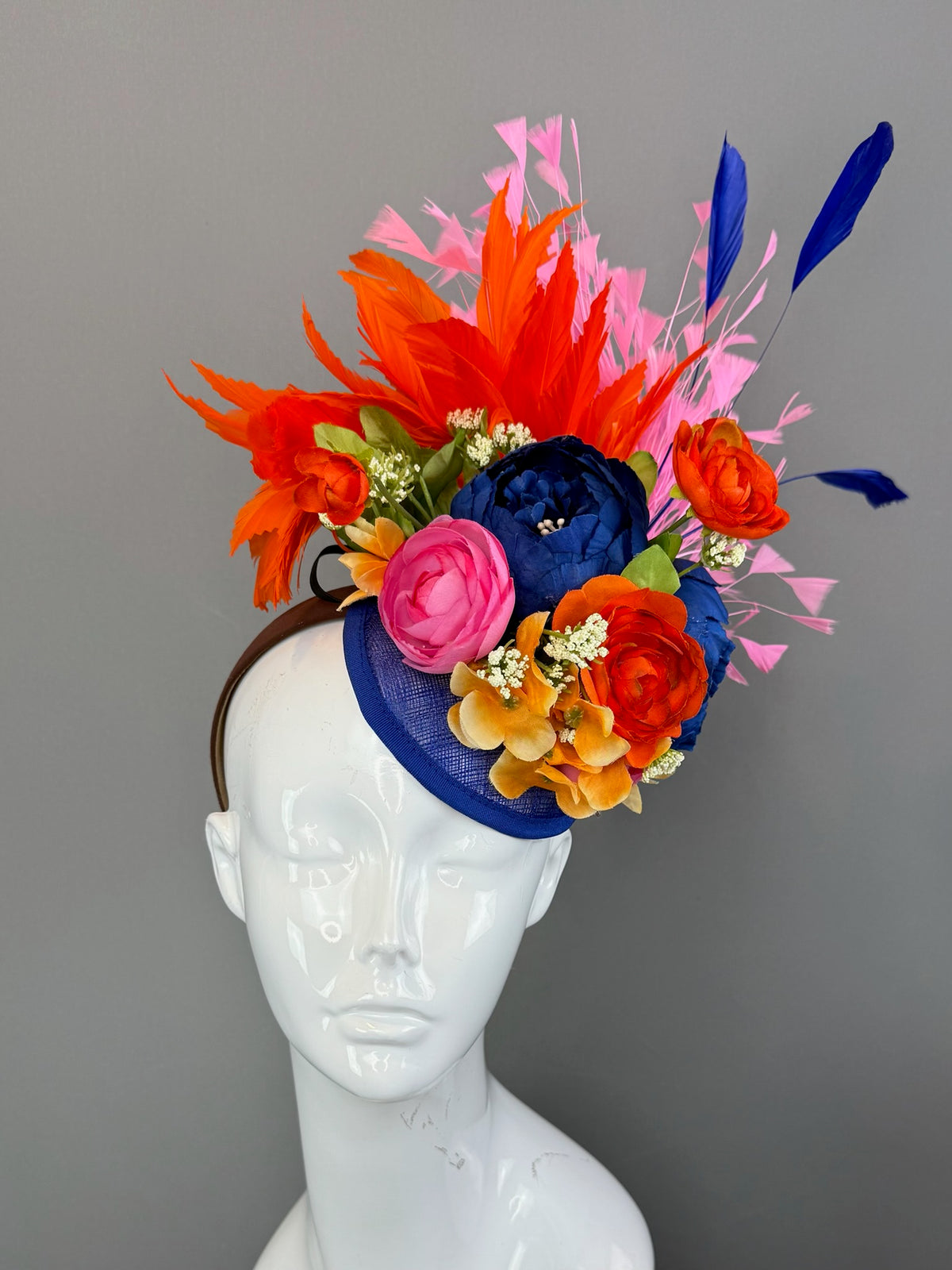 Blue, Orange and Multicolored Kentucky Derby fascinator, Derby Hat Alternative (GOLD LINE)