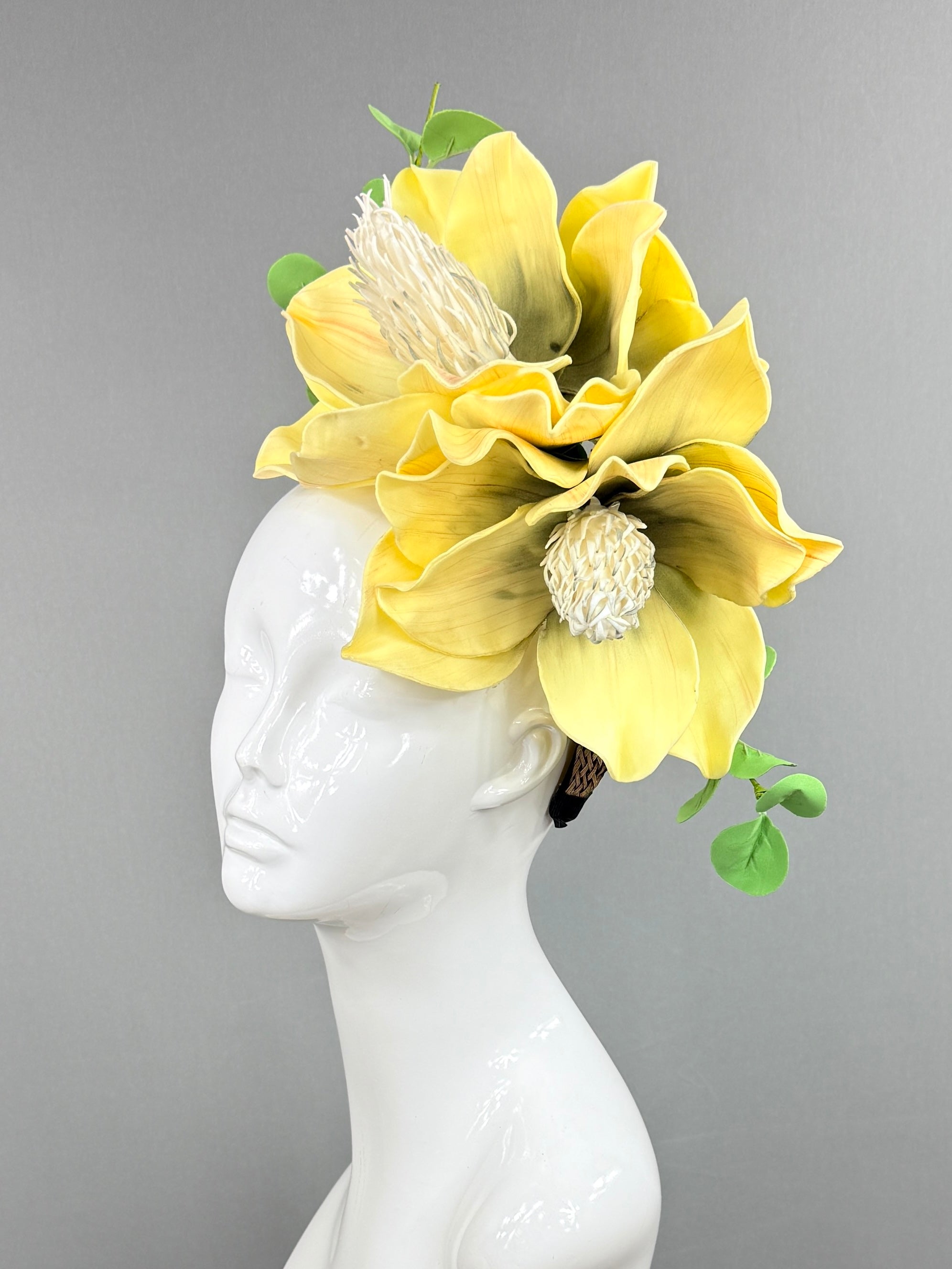 Kentucky Derby Fascinator Hat | Yellow magnolias with green eucalyptus Headpiece | Derbyologie