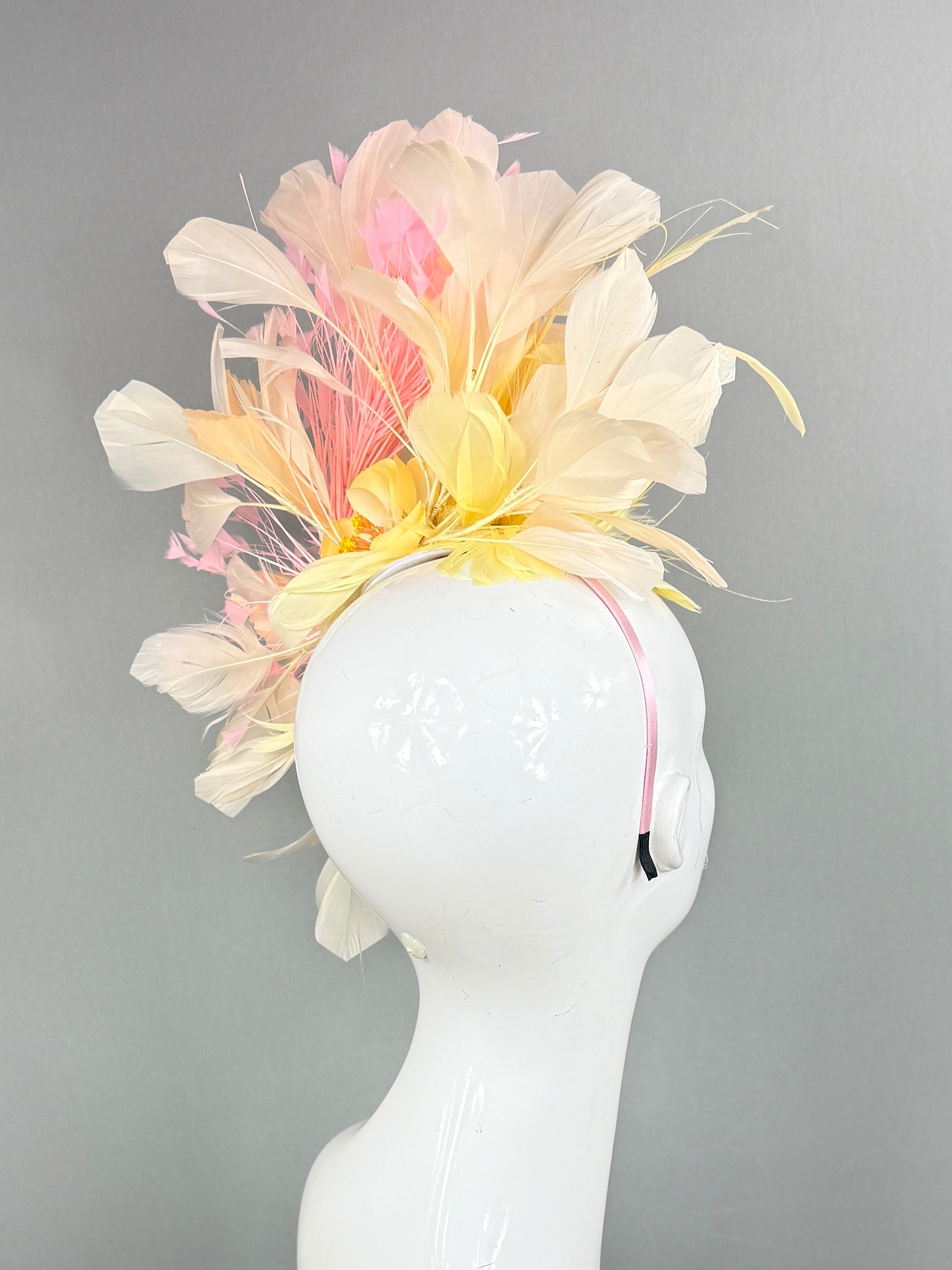 Kentucky Derby Fascinator Hat | Yellow, pink, and beige feathered Headpiece | Derbyologie