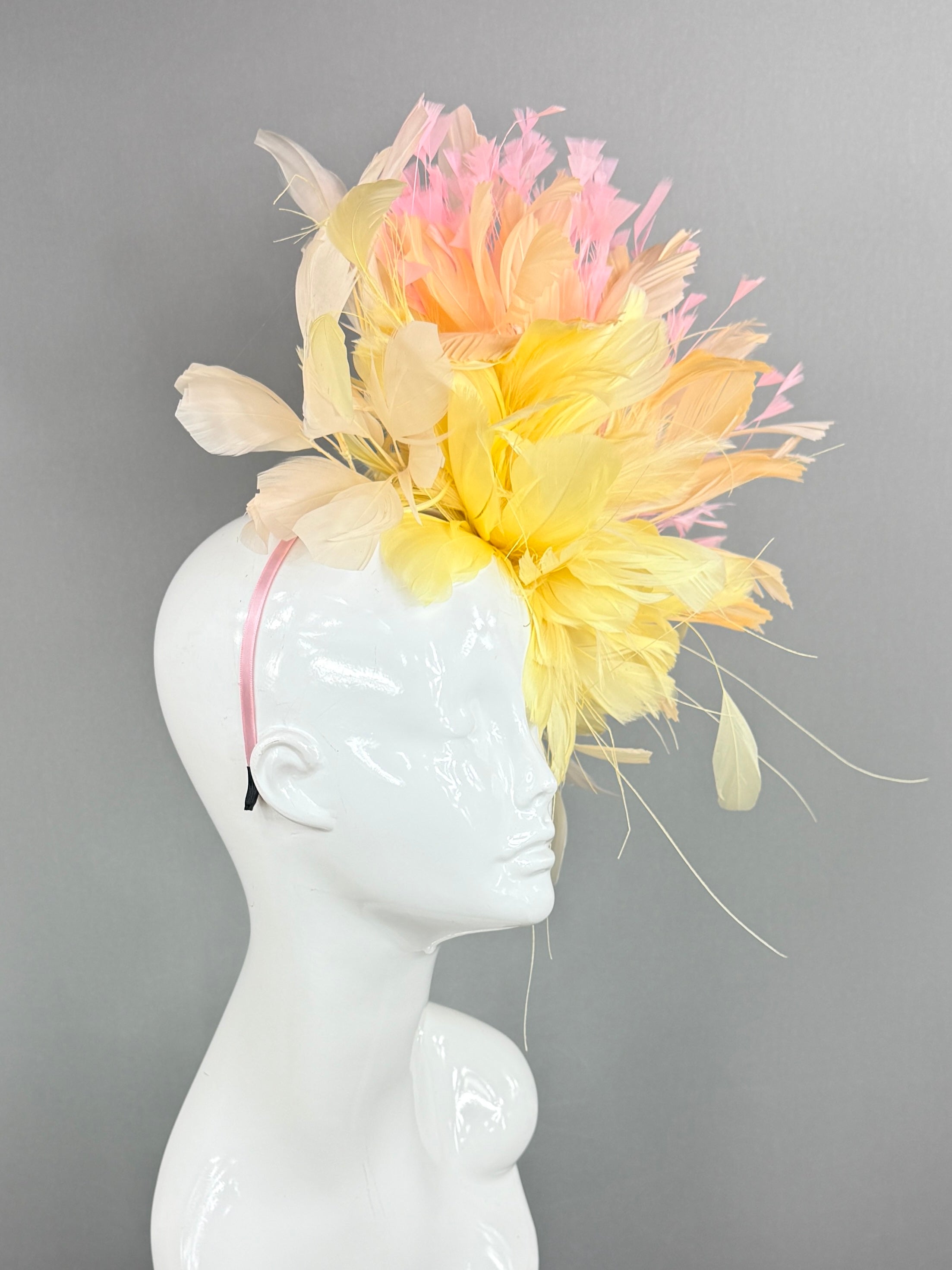 Kentucky Derby Fascinator Hat | Yellow, pink, and beige feathered Headpiece | Derbyologie