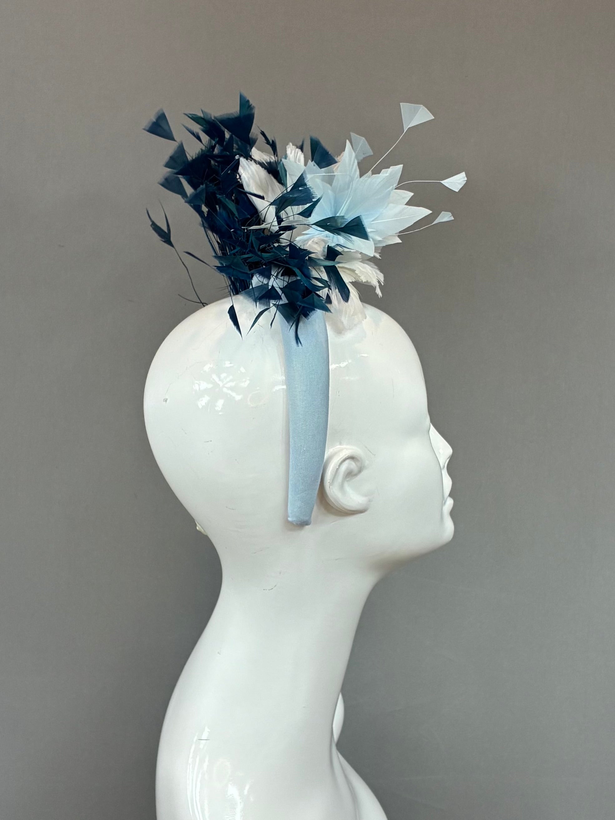 Kentucky Derby Fascinator Hat |Blue and white feathered Headband Hat | Derbyologie