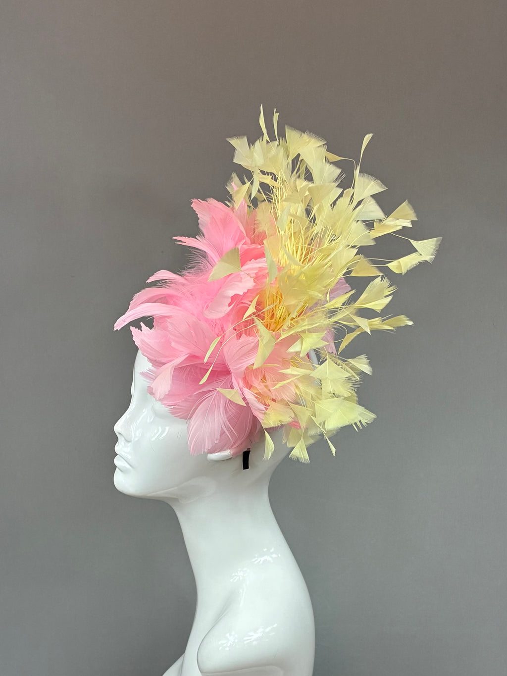 Kentucky Derby Fascinator Hat | Pink and yellow feathered Headband Hat | Derbyologie
