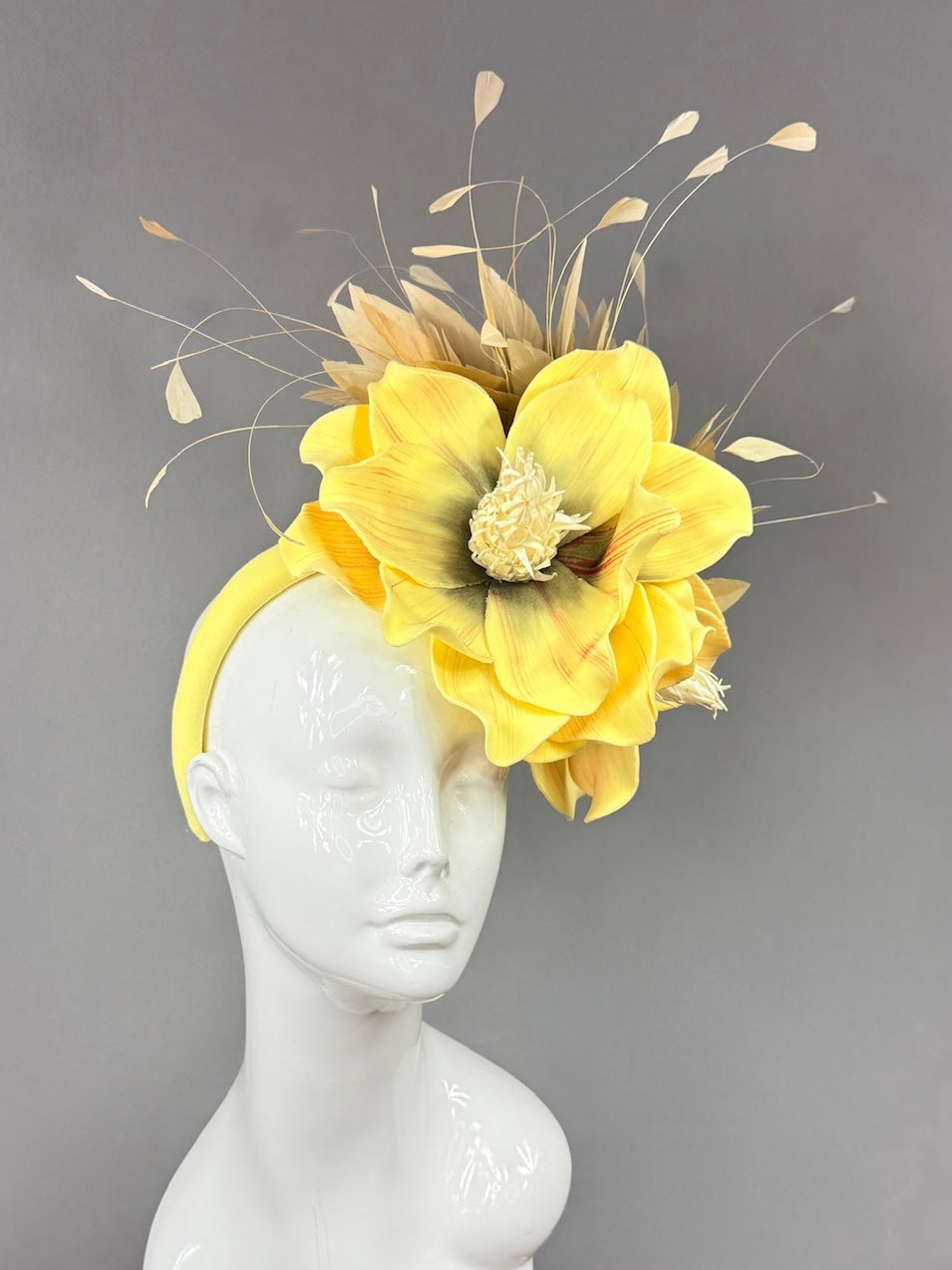 Kentucky Derby Fascinator Hat |oversized yellow magnolias and beige feathers Headpiece | Derbyologie