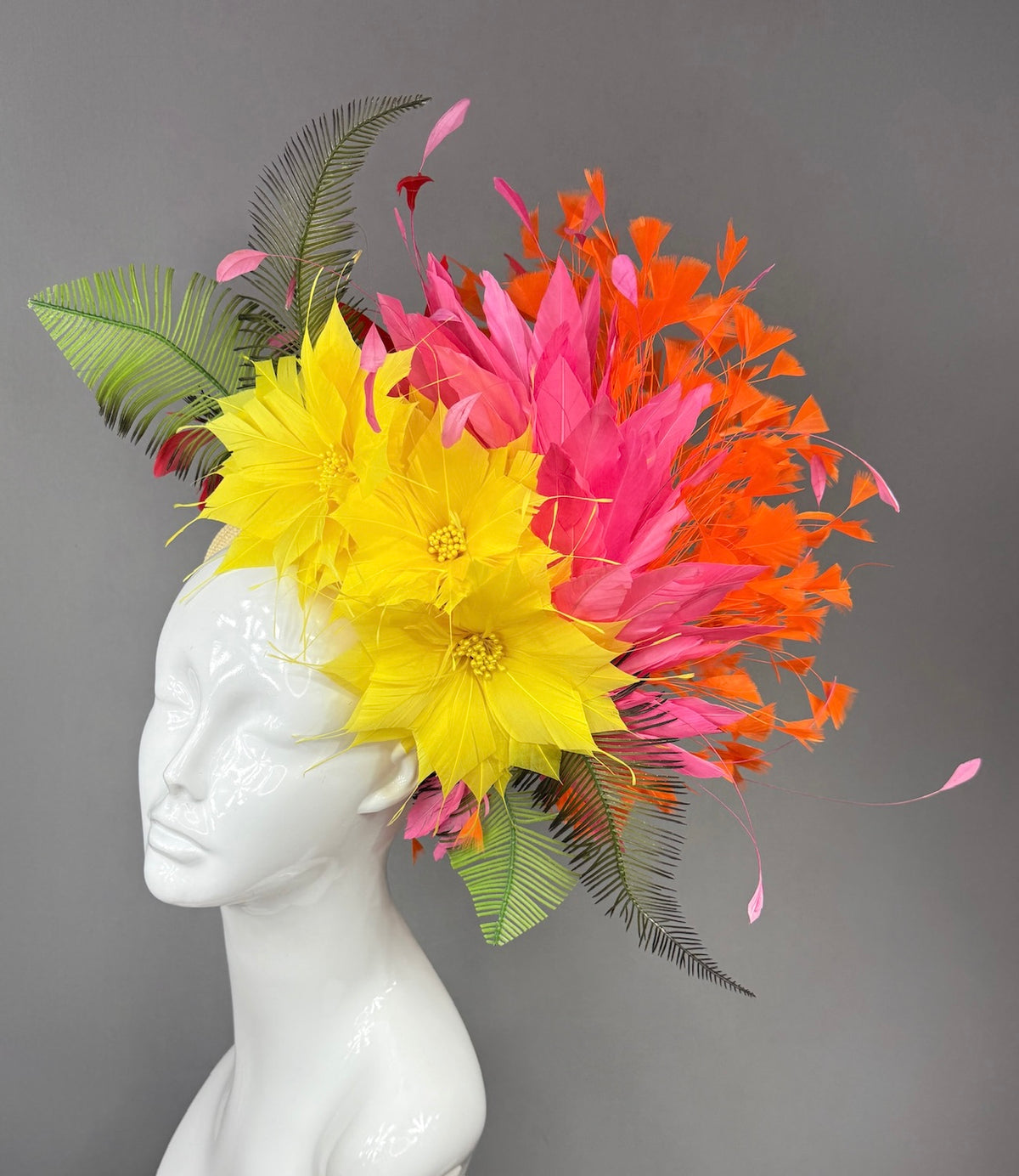 Kentucky Derby Fascinator Hat | Yellow dahlias, pink and orange feathers Headpiece | Derbyologie