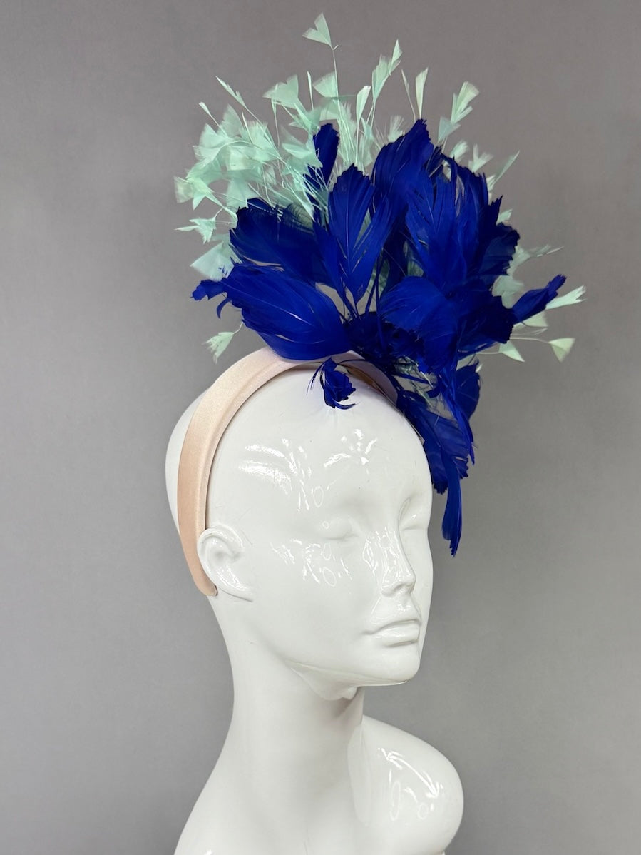 Kentucky Derby Fascinator Hat | Navy and mint green feathered Headpiece | Derbyologie