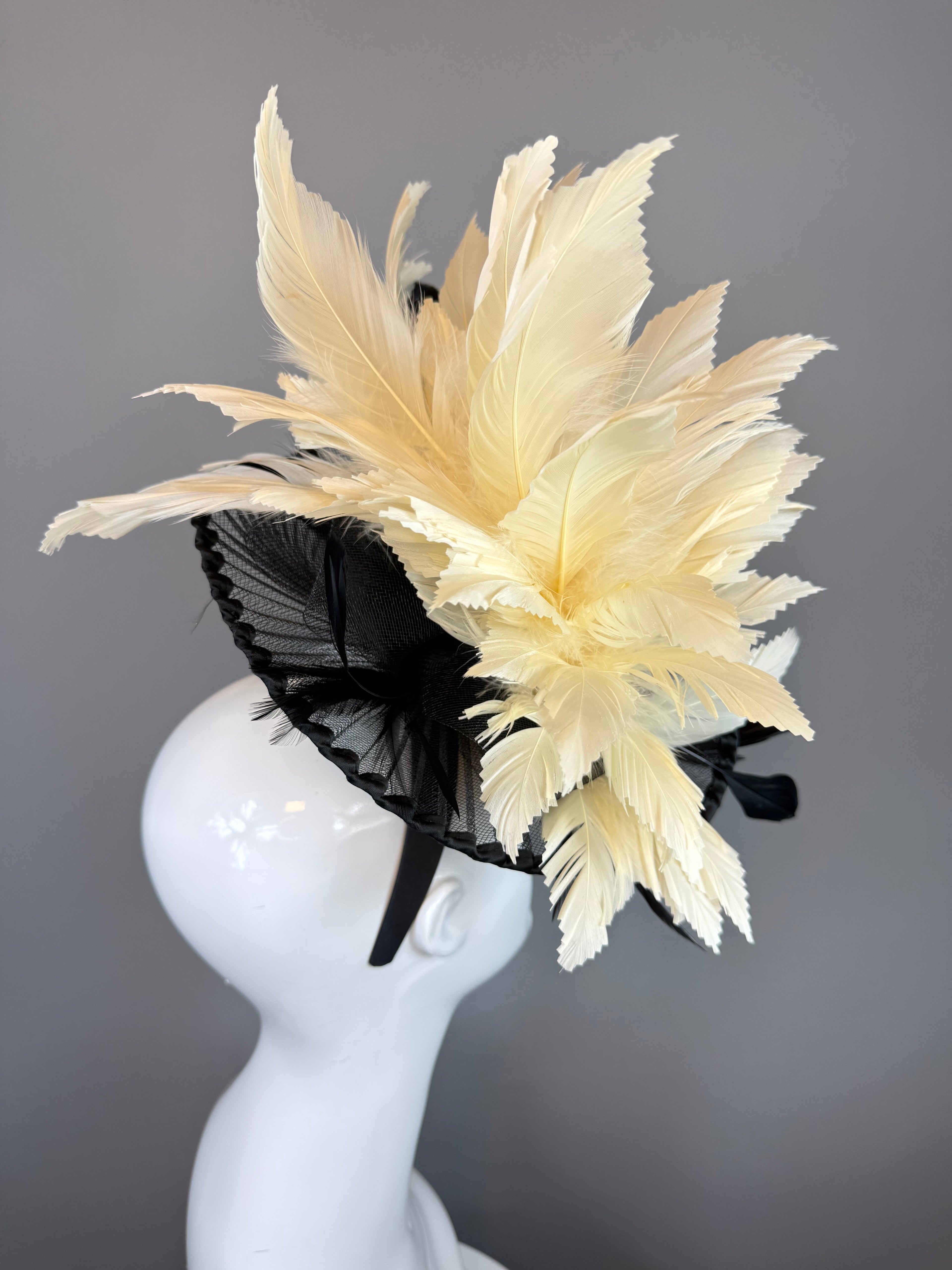 Kentucky Derby Fascinator Hat | Black, red, cream feather Headpiece | Derbyologie