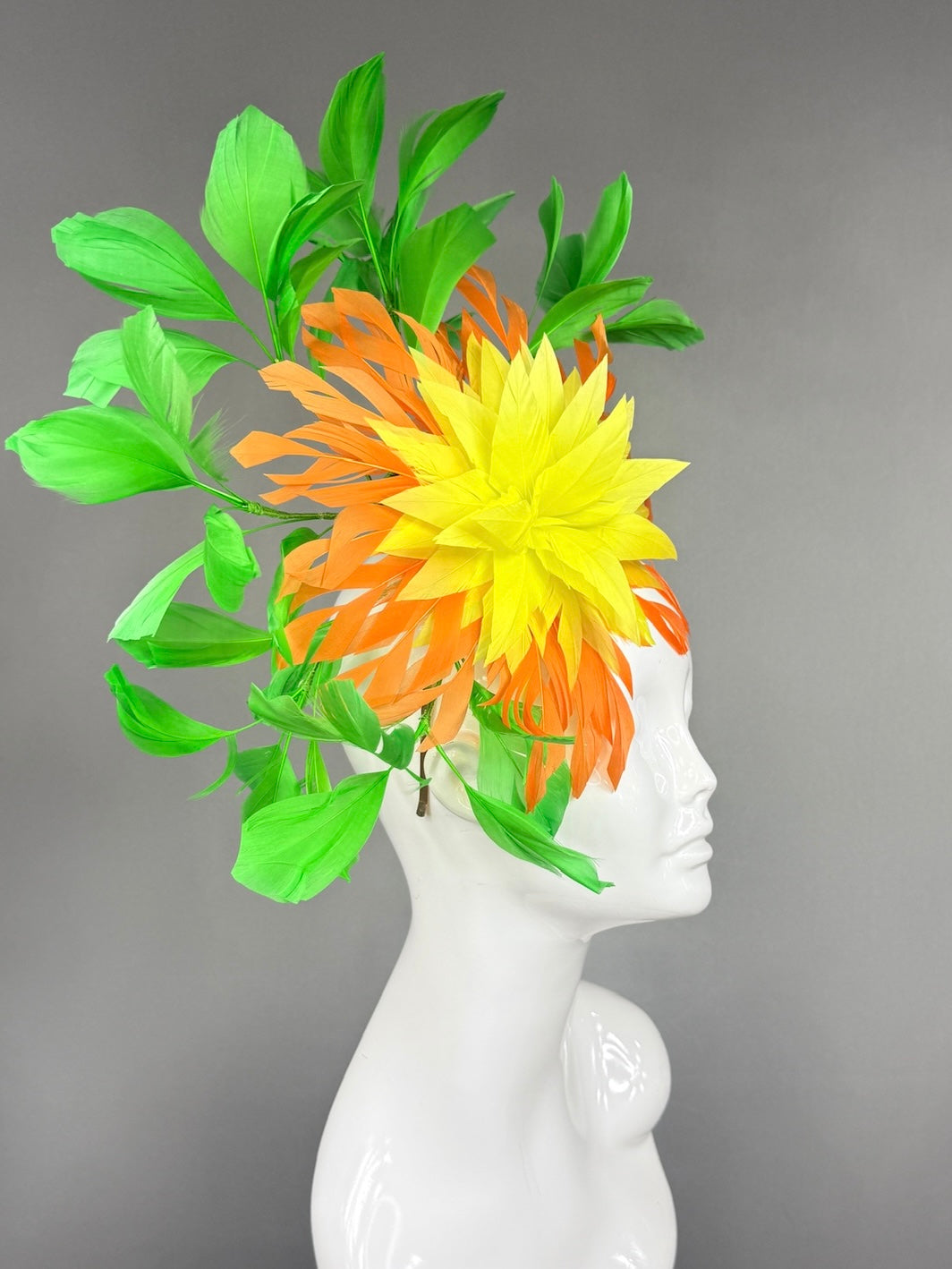 Kentucky Derby Fascinator Hat |  Yellow and Orange feathered dahlia and green feathers Headpiece | Derbyologie