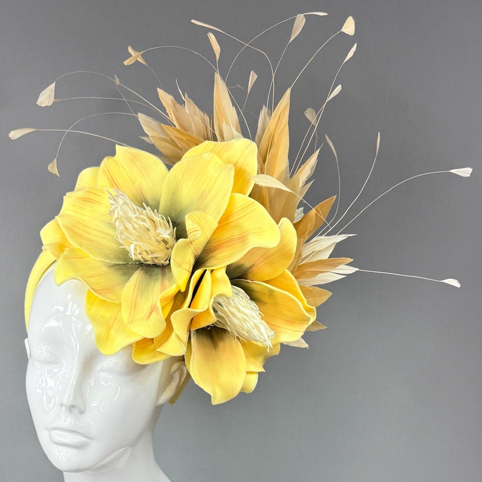 Kentucky Derby Fascinator Hat |oversized yellow magnolias and beige feathers Headpiece | Derbyologie