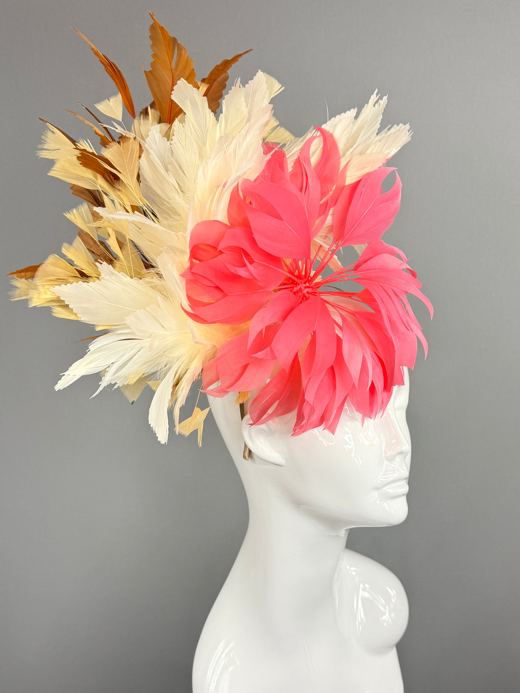 Kentucky Derby Fascinator Hat | Pink, white, beige, and brown feathered Headpiece | Derbyologie