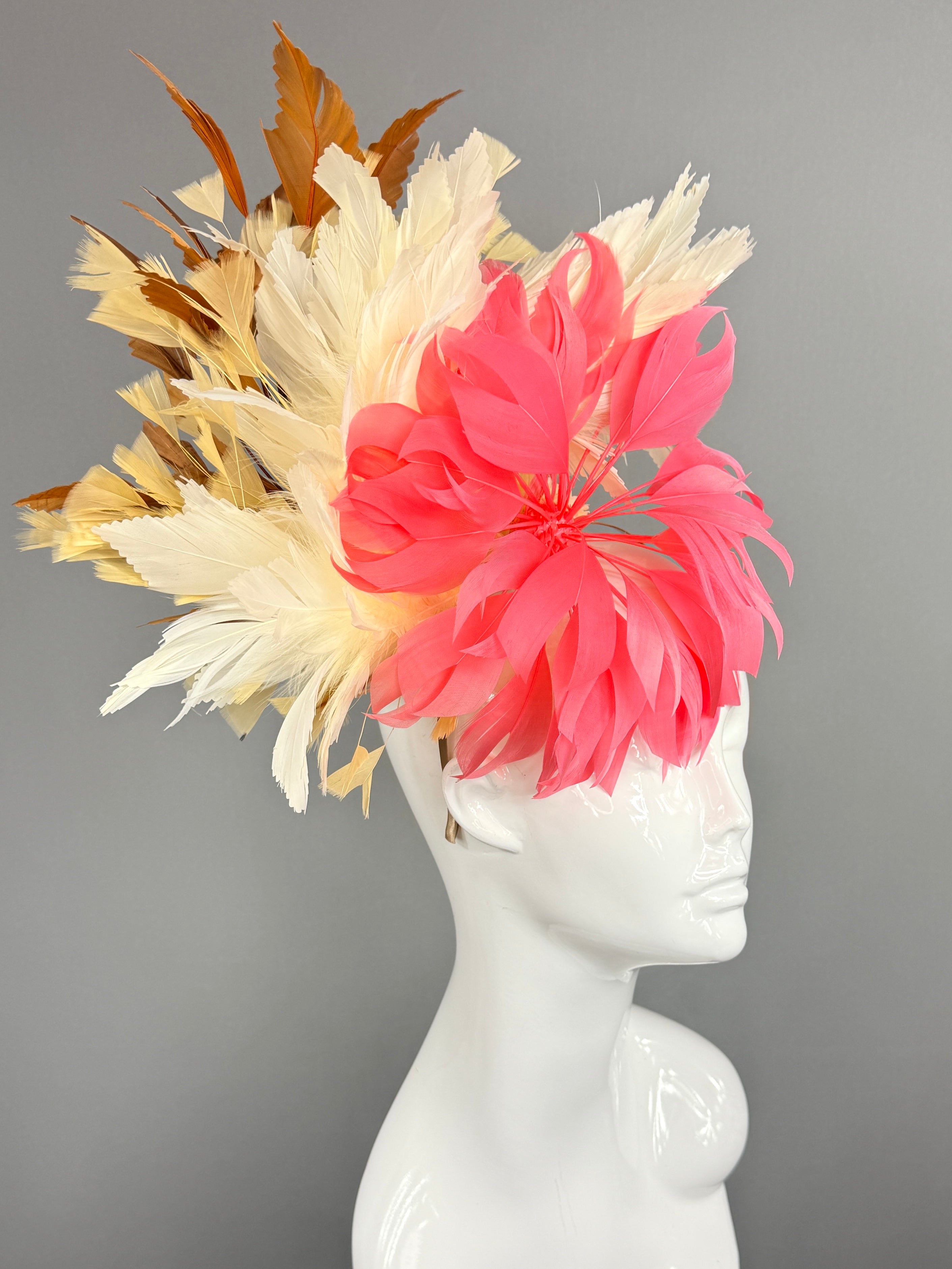 Kentucky Derby Fascinator Hat | Pink, white, beige, and brown feathered Headpiece | Derbyologie