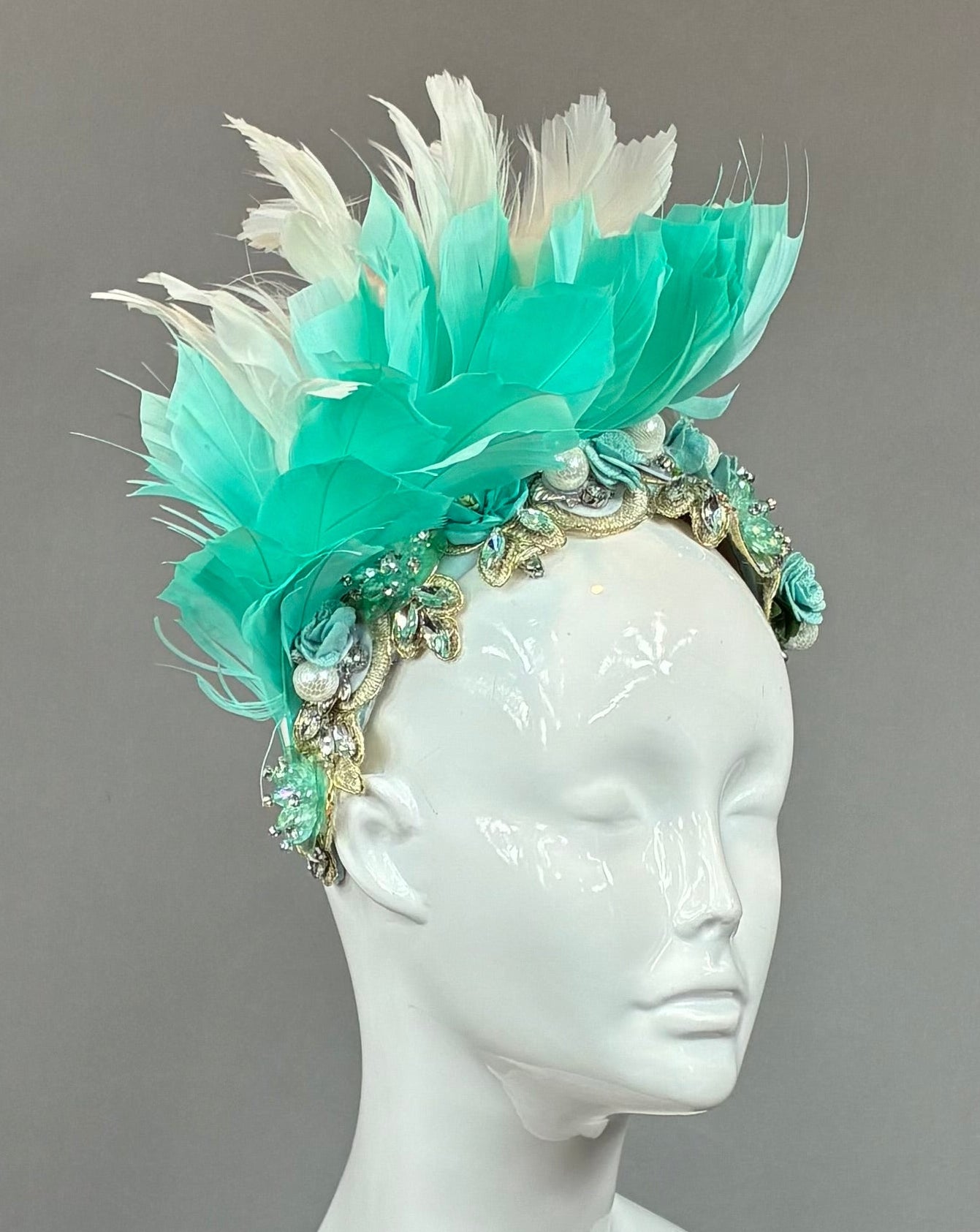 Turquoise and white jeweled Kentucky Derby Fascinator, derby hat (GOLD LINE)