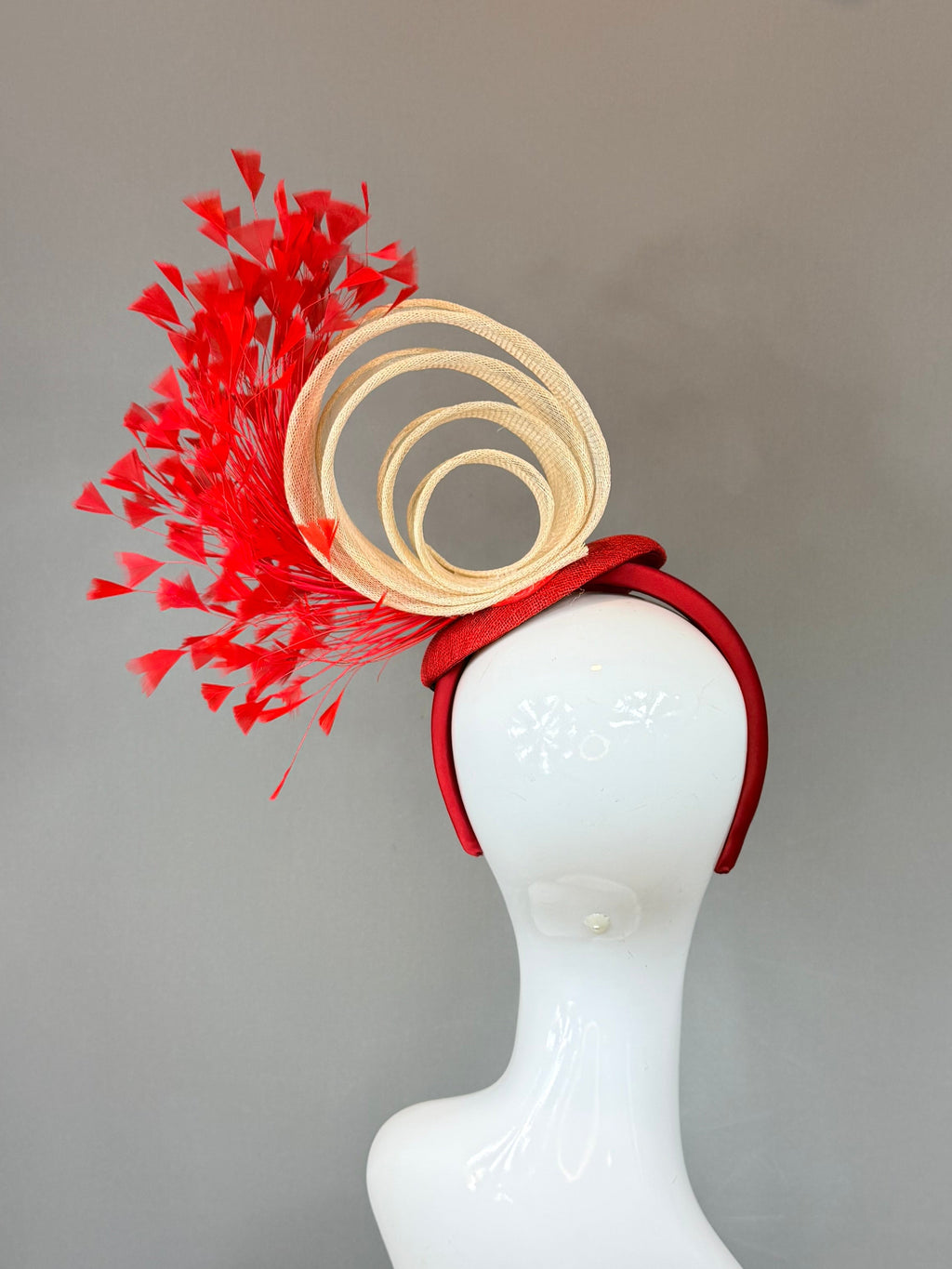Kentucky Derby Fascinator | Red and Beige Feather Hat | Derbyologie