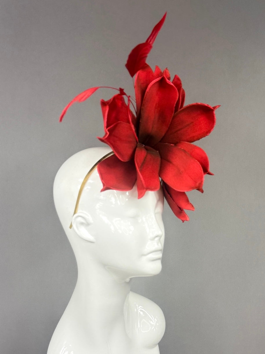 Kentucky Derby Fascinator Hat |  Red magnolias and feathers  Headpiece | Derbyologie