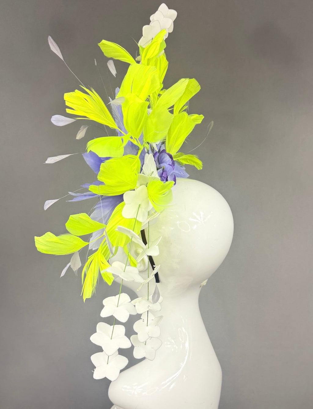 Kentucky Derby Fascinator Hat |  Purple and lime green feathers and white flowers Headpiece | Derbyologie