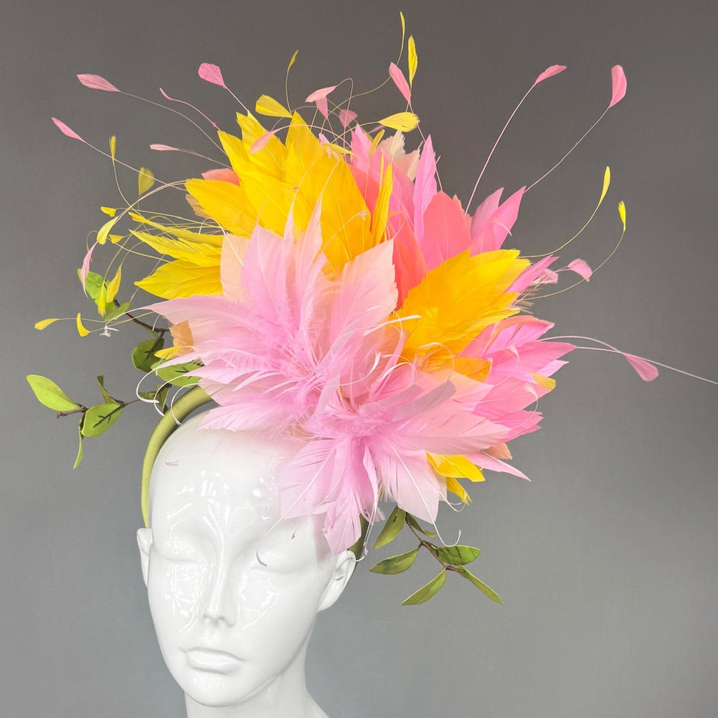 Kentucky Derby Fascinator Hat |  Pink and yellow feathers and leaves Headpiece | Derbyologie