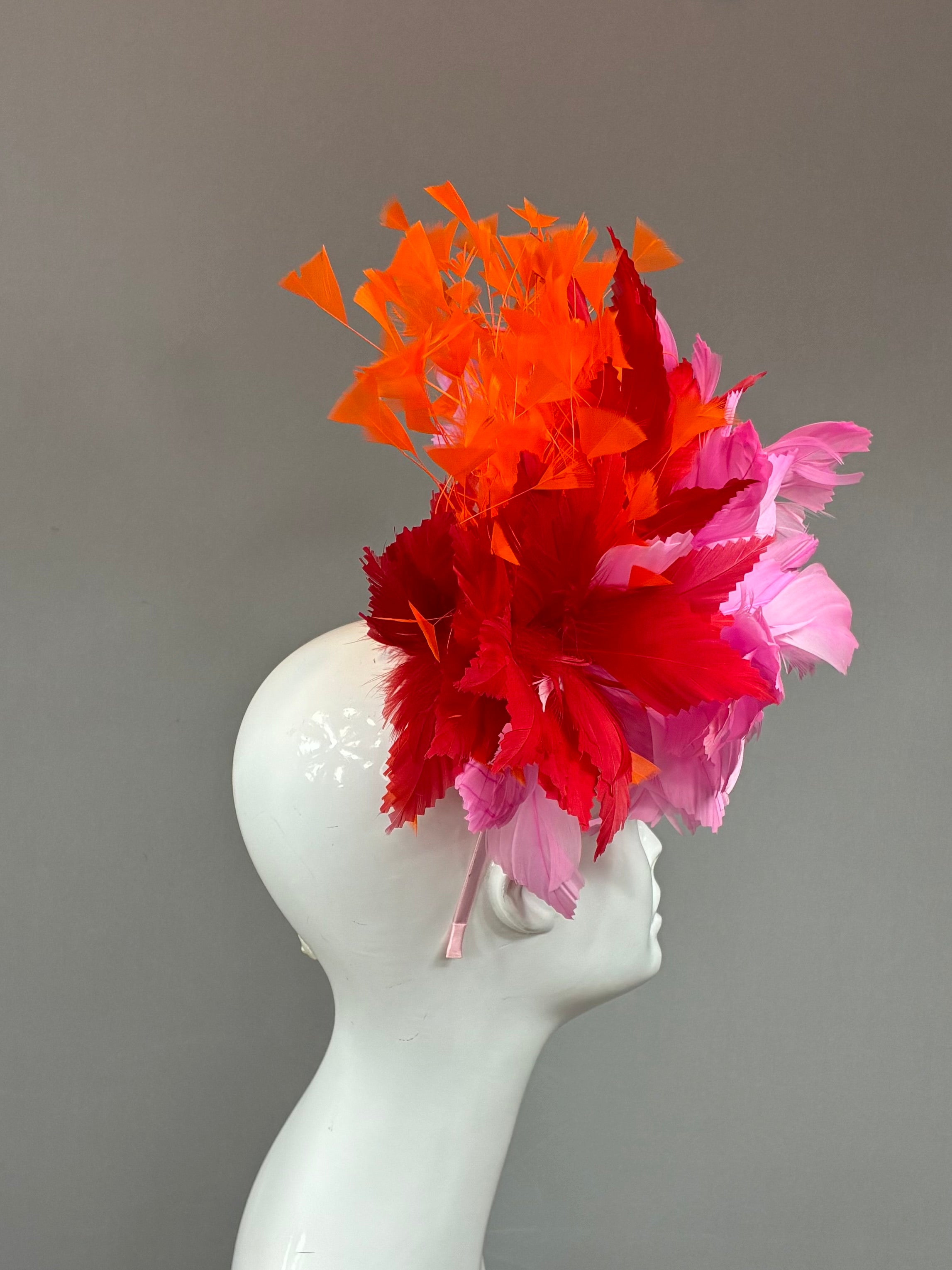 Kentucky Derby Fascinator Hat | Orange, pink, and red feathered Headband Hat | Derbyologie
