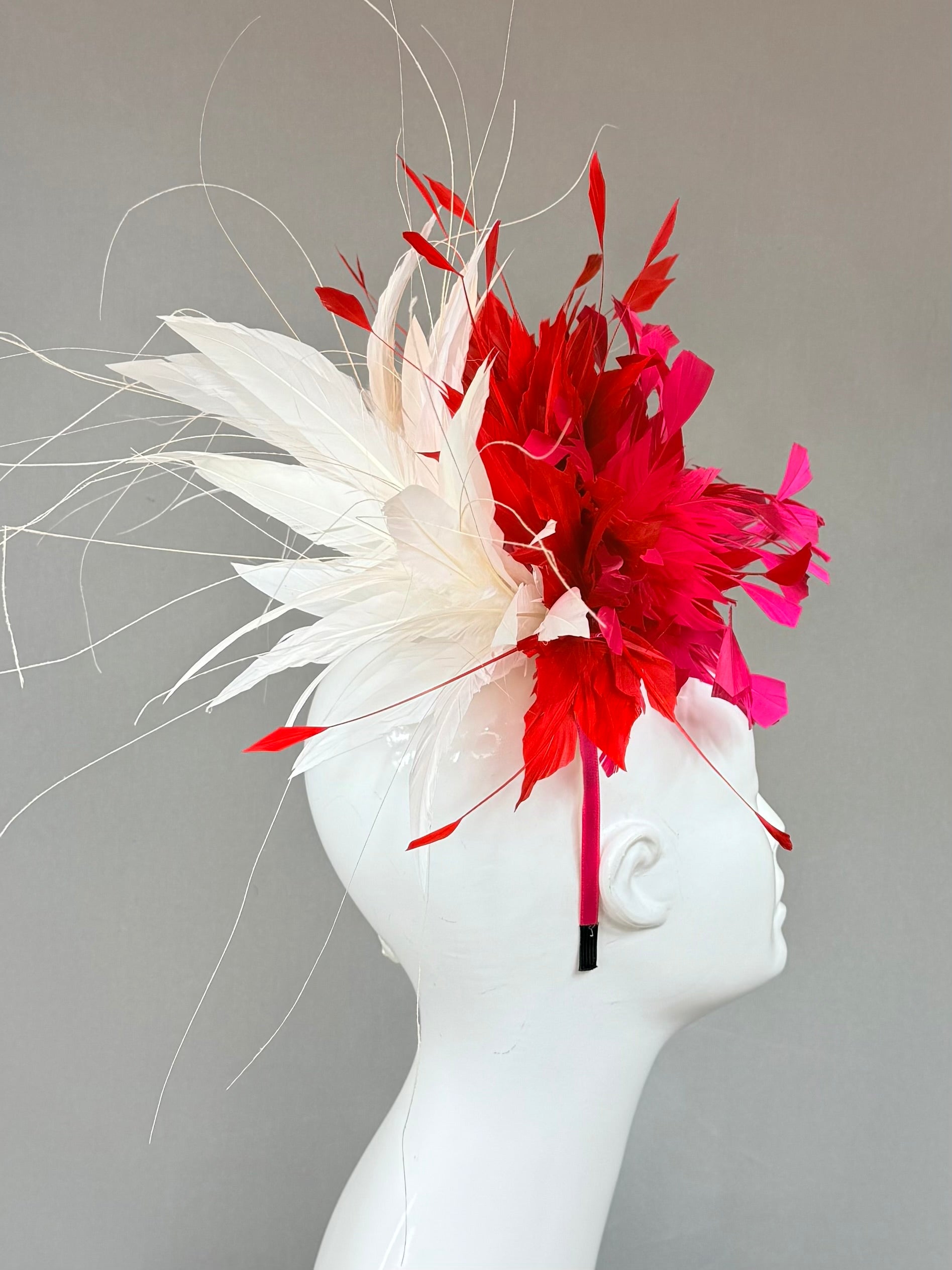 Kentucky Derby Fascinator Hat | fuchsia, red, and white feathered Headband Hat | Derbyologie