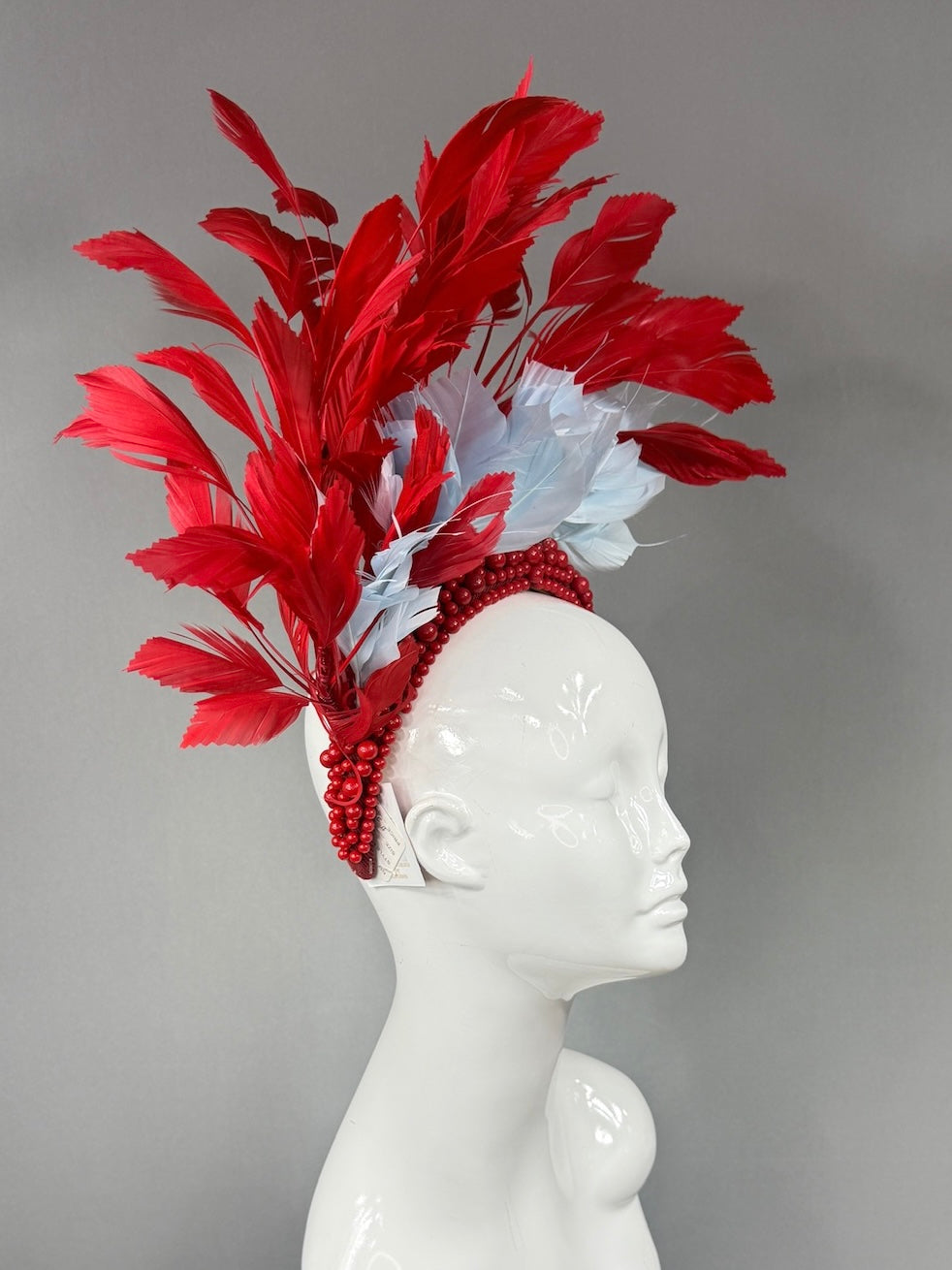 Kentucky Derby Fascinator Hat | Red and light blue feathered Headpiece | Derbyologie