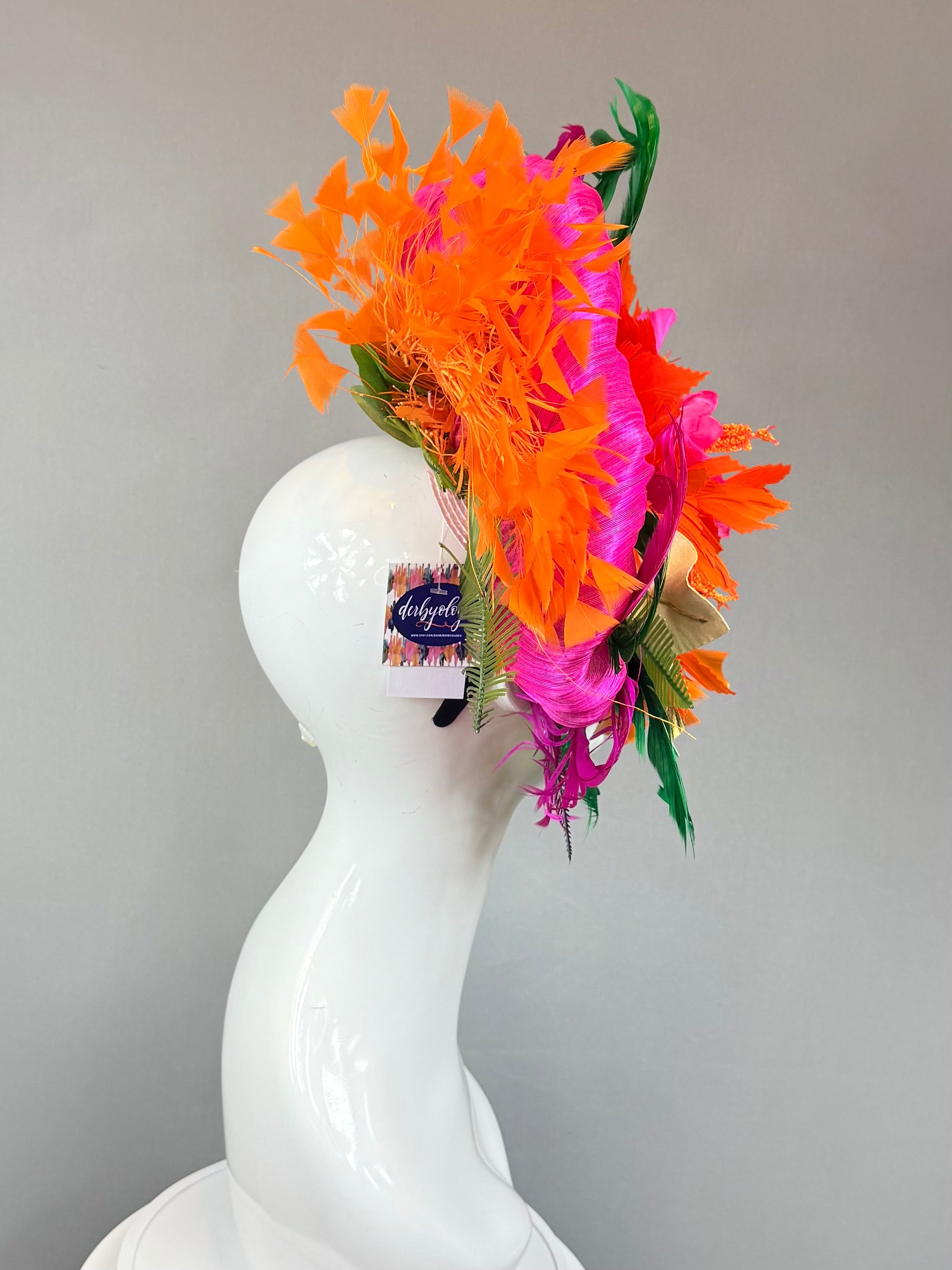 Pink, green and orange Kentucky Derby Fascinator, derby hat Kentucky Derby Hat Alternative, Floral Fascinator, (PLATINUM LINE)