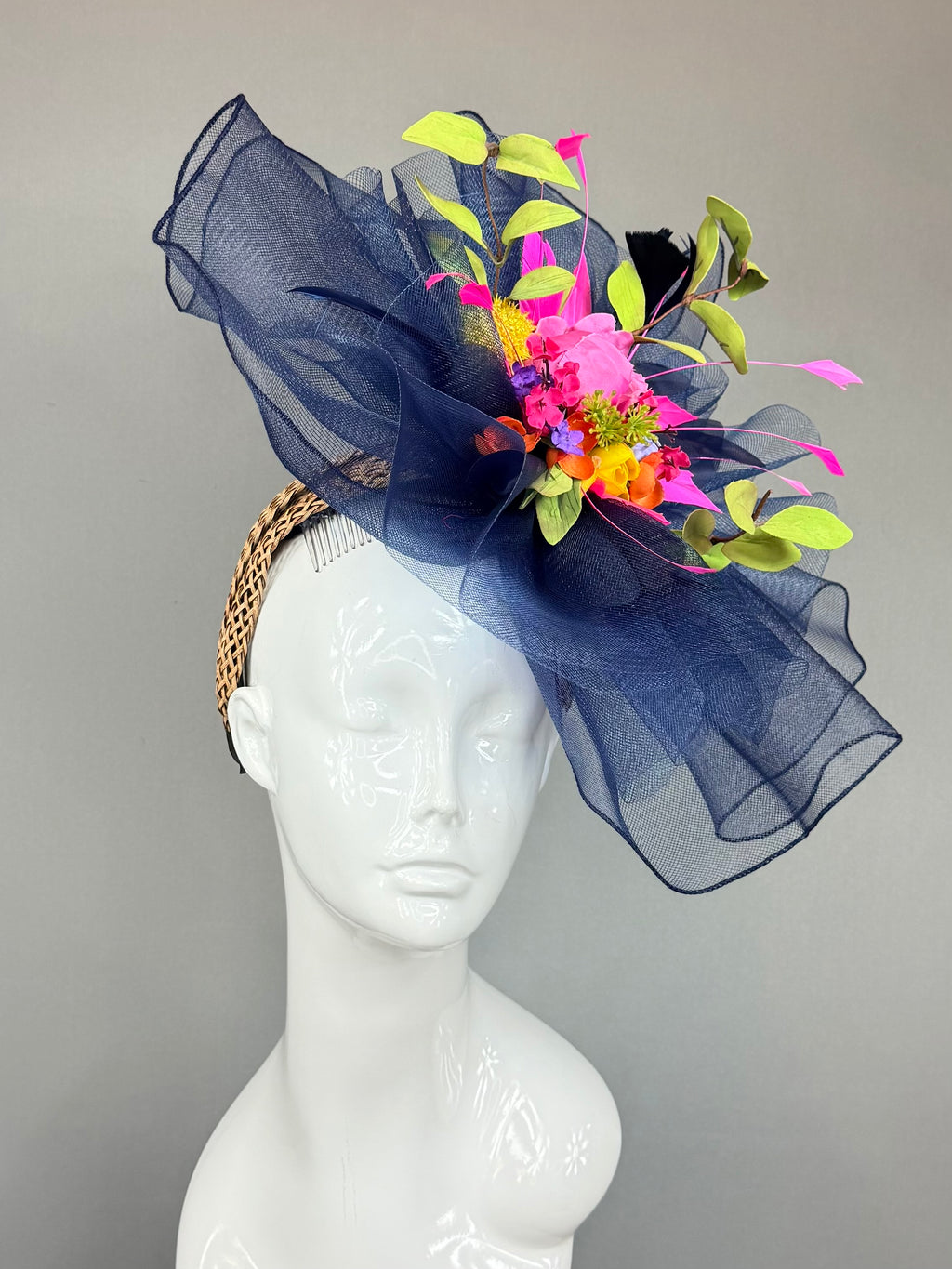 Kentucky Derby Fascinator Hat | Navy blue and colorful bouquet Headband Hat | Derbyologie