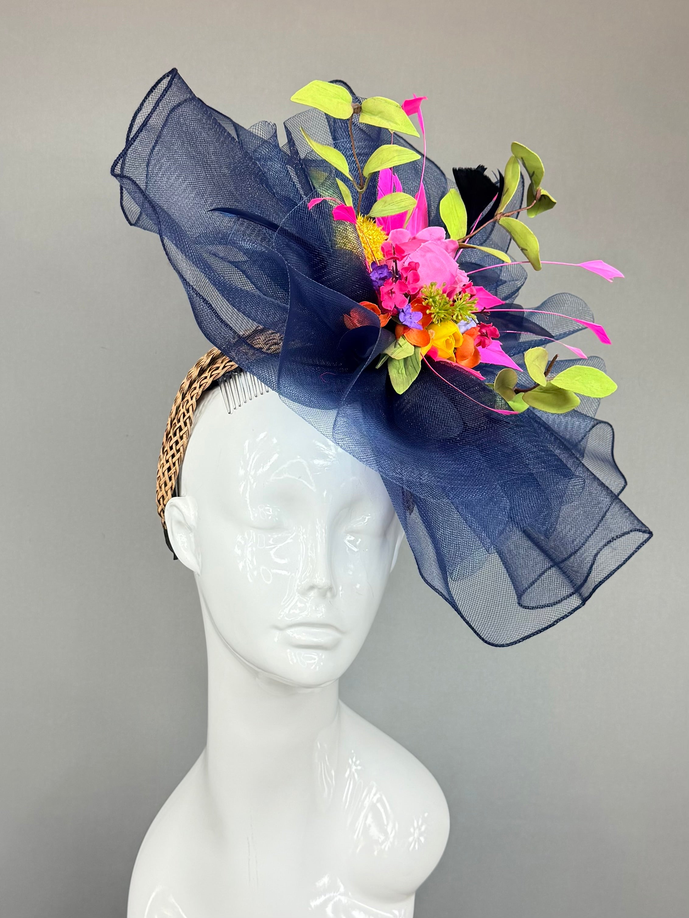 Kentucky Derby Fascinator Hat | Navy blue and colorful bouquet Headband Hat | Derbyologie