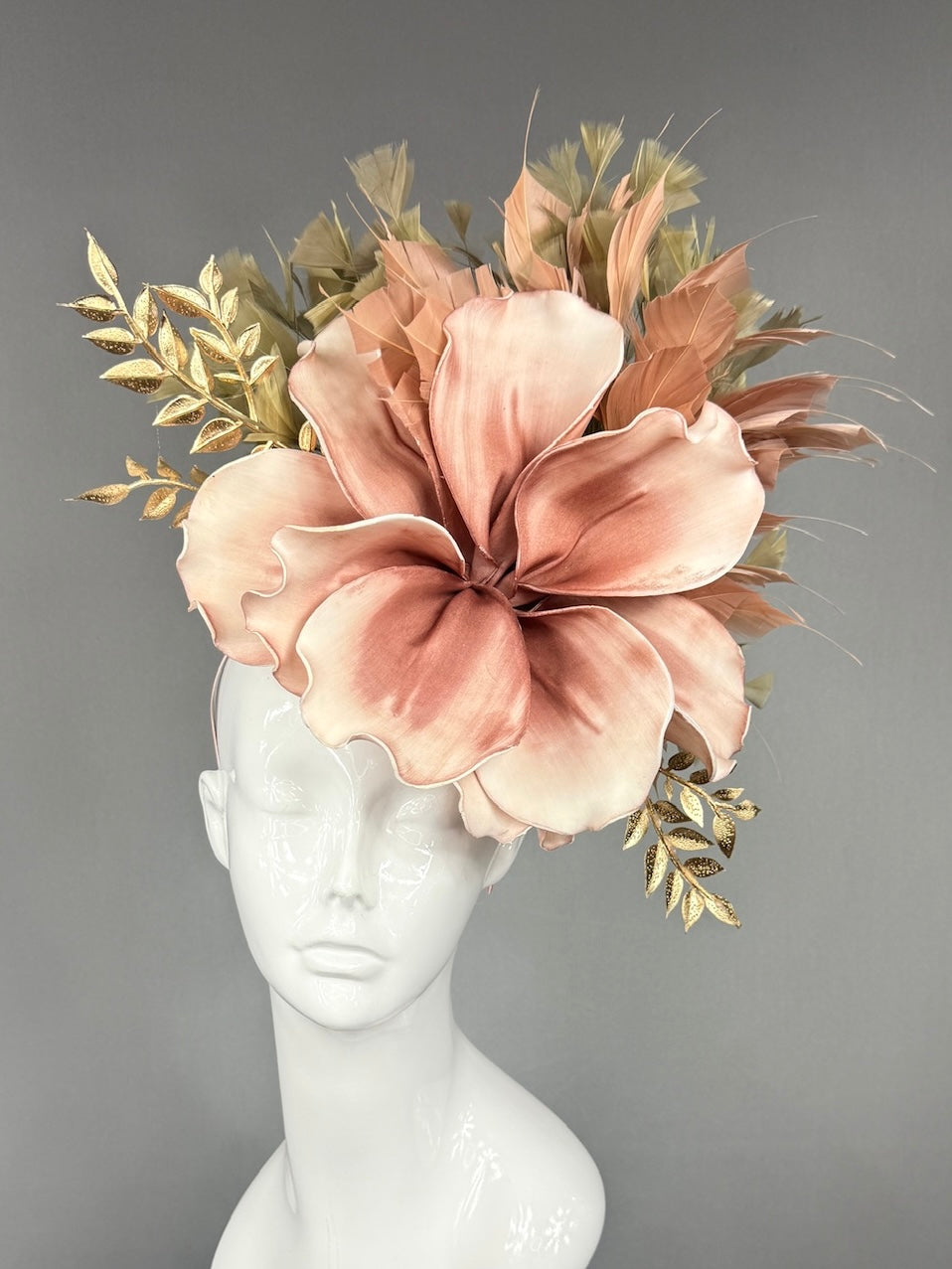 Kentucky Derby Fascinator Hat |  oversized blush magnolia, gold and beige accents Headpiece | Derbyologie