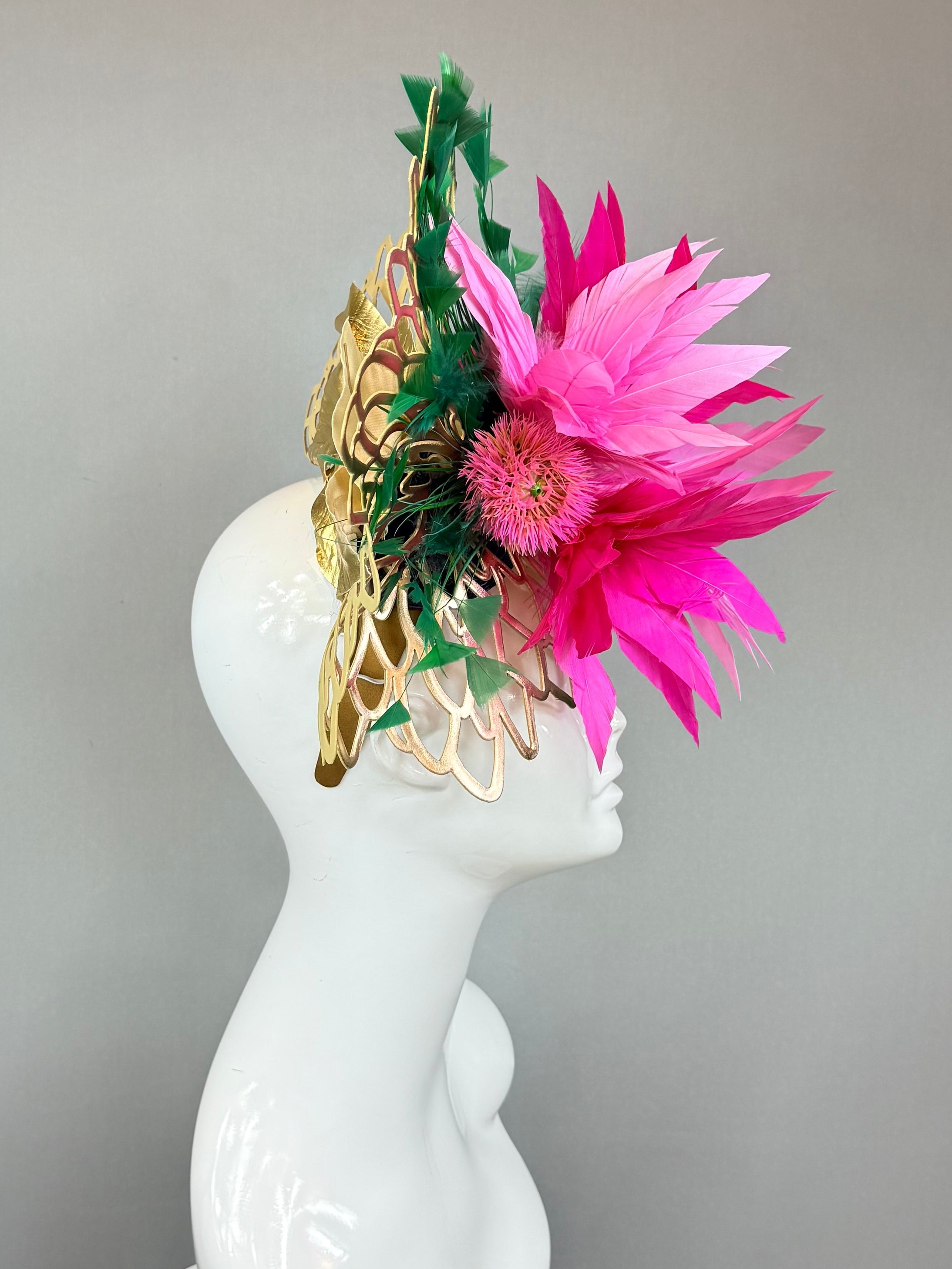 Pink and green exotic, floral head fascinator with gold wicker base