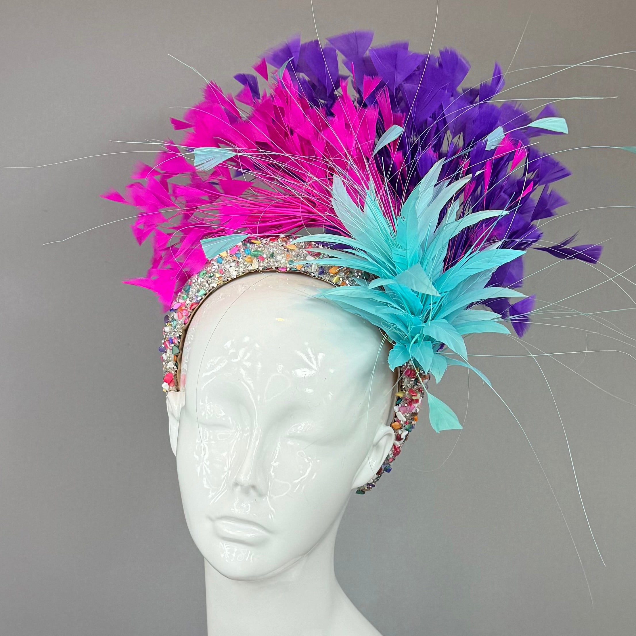 Kentucky Derby Fascinator Hat | Pink, Purple, Turquoise Feather Headpiece| Derbyologie