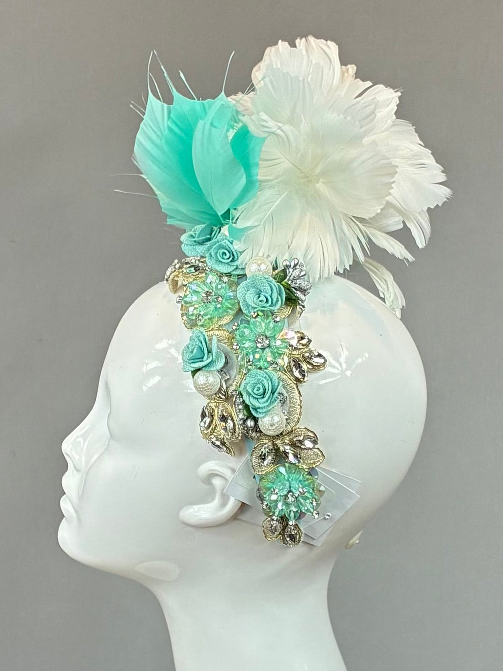 Turquoise and white jeweled Kentucky Derby Fascinator, derby hat (GOLD LINE)