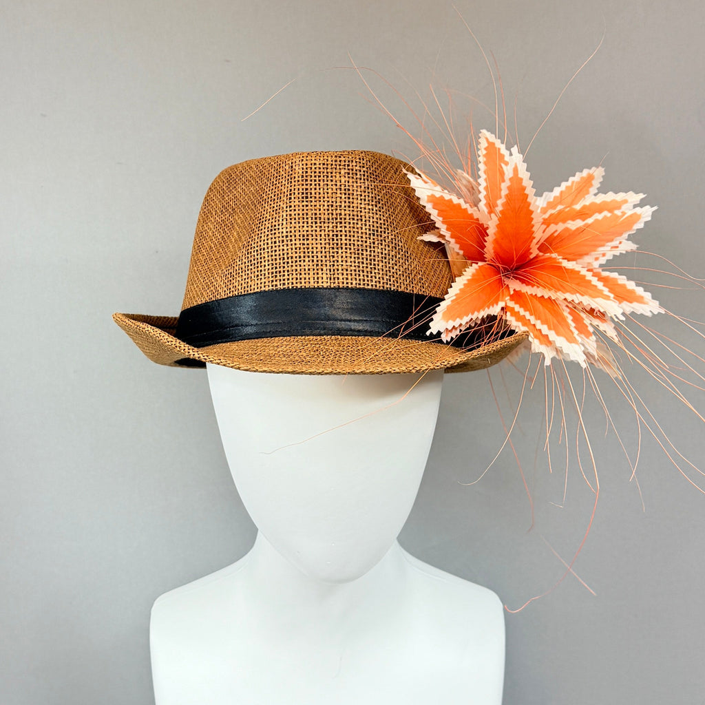 Kentucky Derby Men’s Hat | Brown Straw Fedora, Orange Feather Hat| Derbyologie