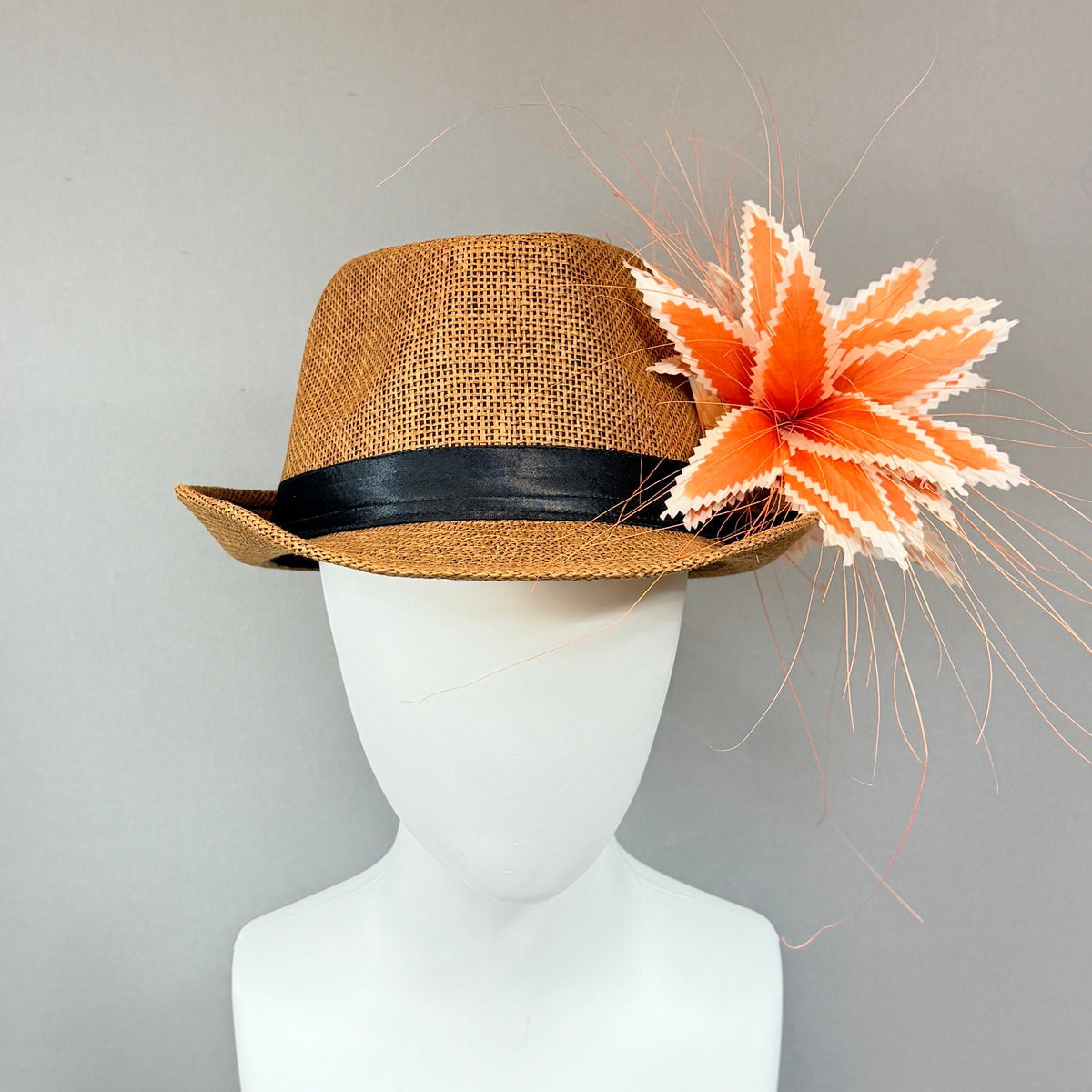 Kentucky Derby Men’s Hat | Brown Straw Fedora, Orange Feather Hat| Derbyologie