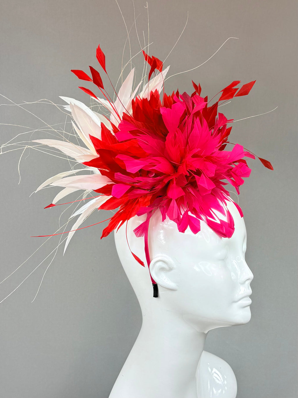 Kentucky Derby Fascinator Hat | fuchsia, red, and white feathered Headband Hat | Derbyologie