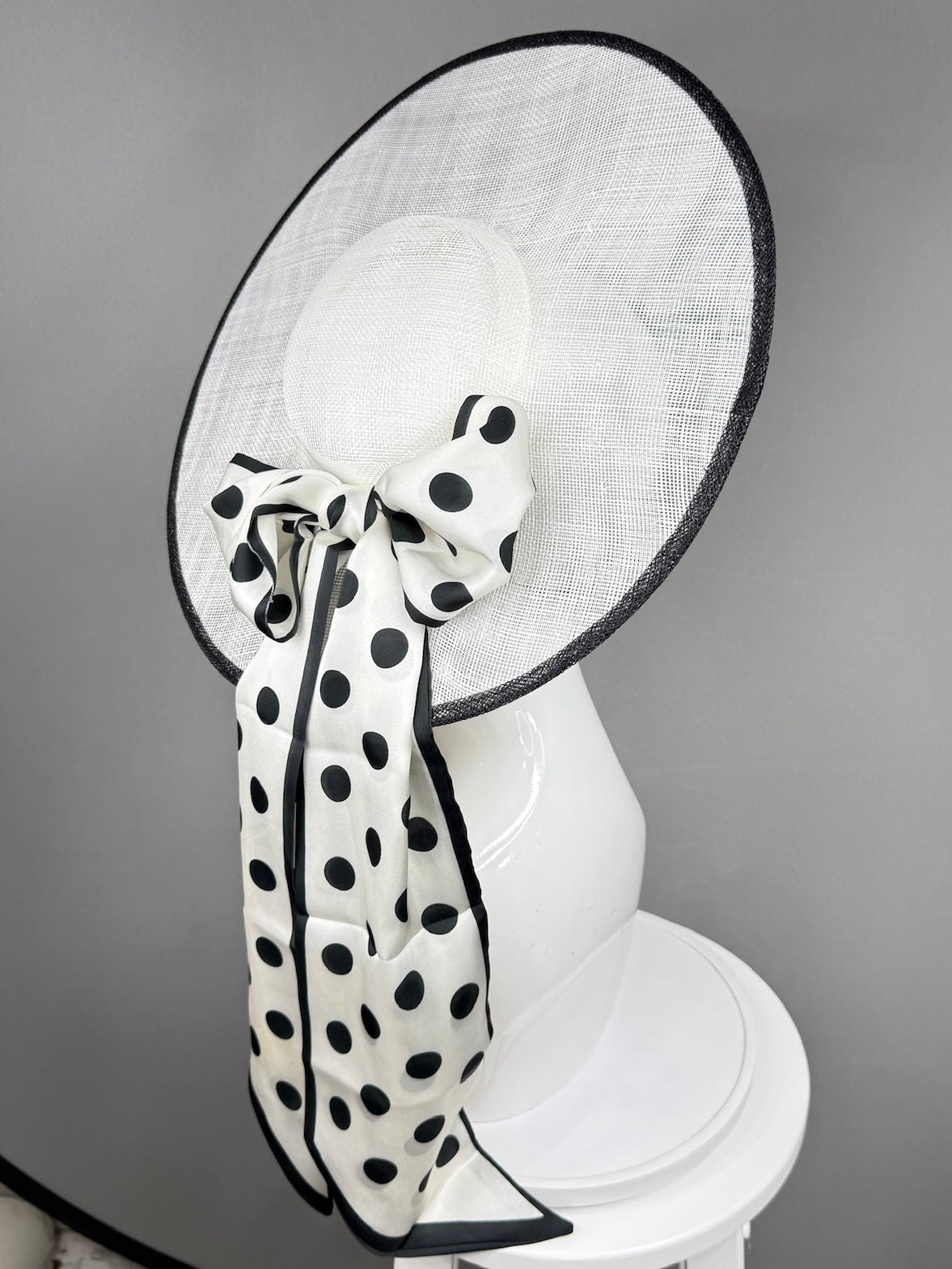 Kentucky Derby Fascinator Hat | White mat with black polka dot bow Headpiece | Derbyologie