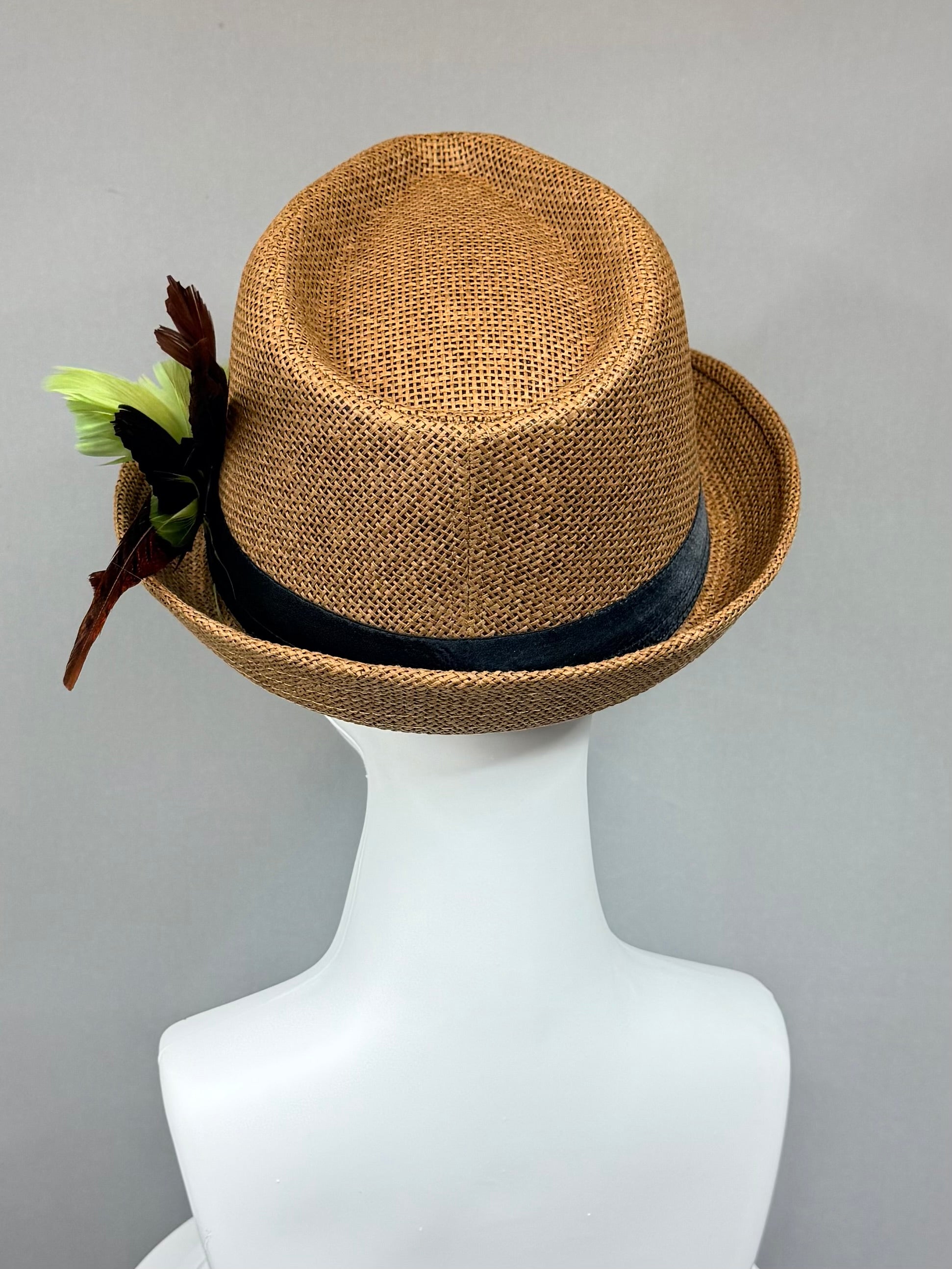 Kentucky Derby Men’s Hat | Brown Straw Fedora, Green Feather Hat| Derbyologie