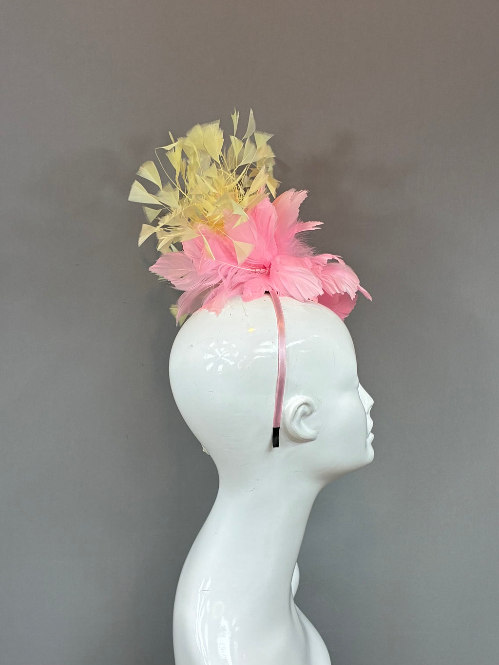 Kentucky Derby Fascinator Hat | Pink and yellow feathered Headband Hat | Derbyologie
