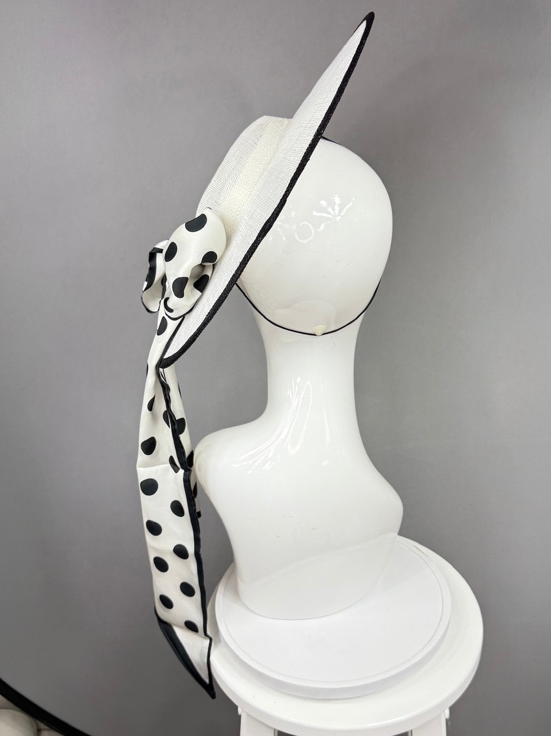 Kentucky Derby Fascinator Hat | White mat with black polka dot bow Headpiece | Derbyologie