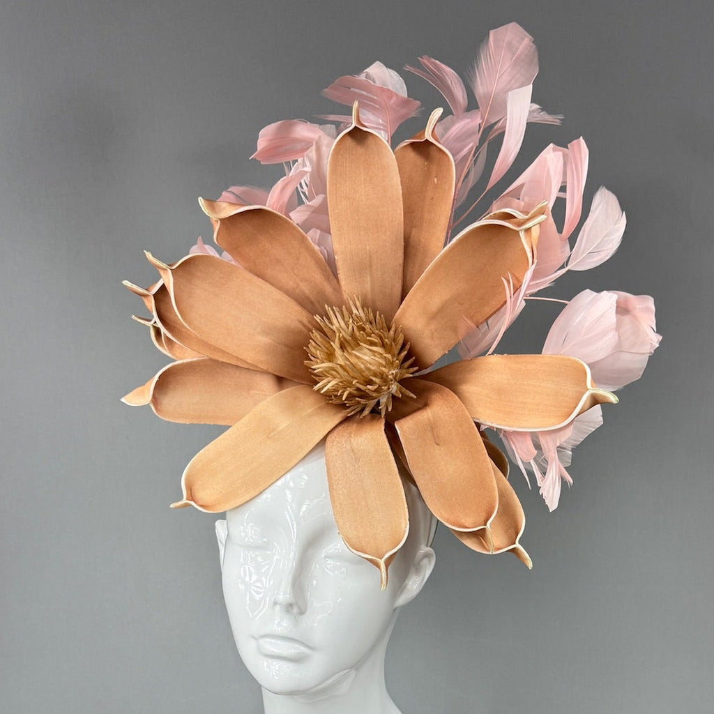 Kentucky Derby Fascinator Hat | Brown daisy and pink feathered Headpiece | Derbyologie
