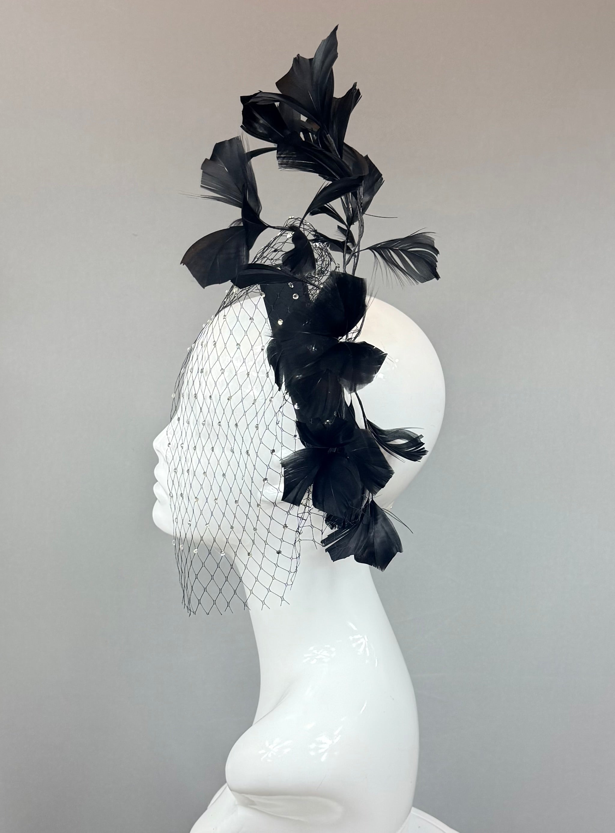 Kentucky Derby Fascinator Hat | Black Rhinestone Feather Hat | Derbyologie