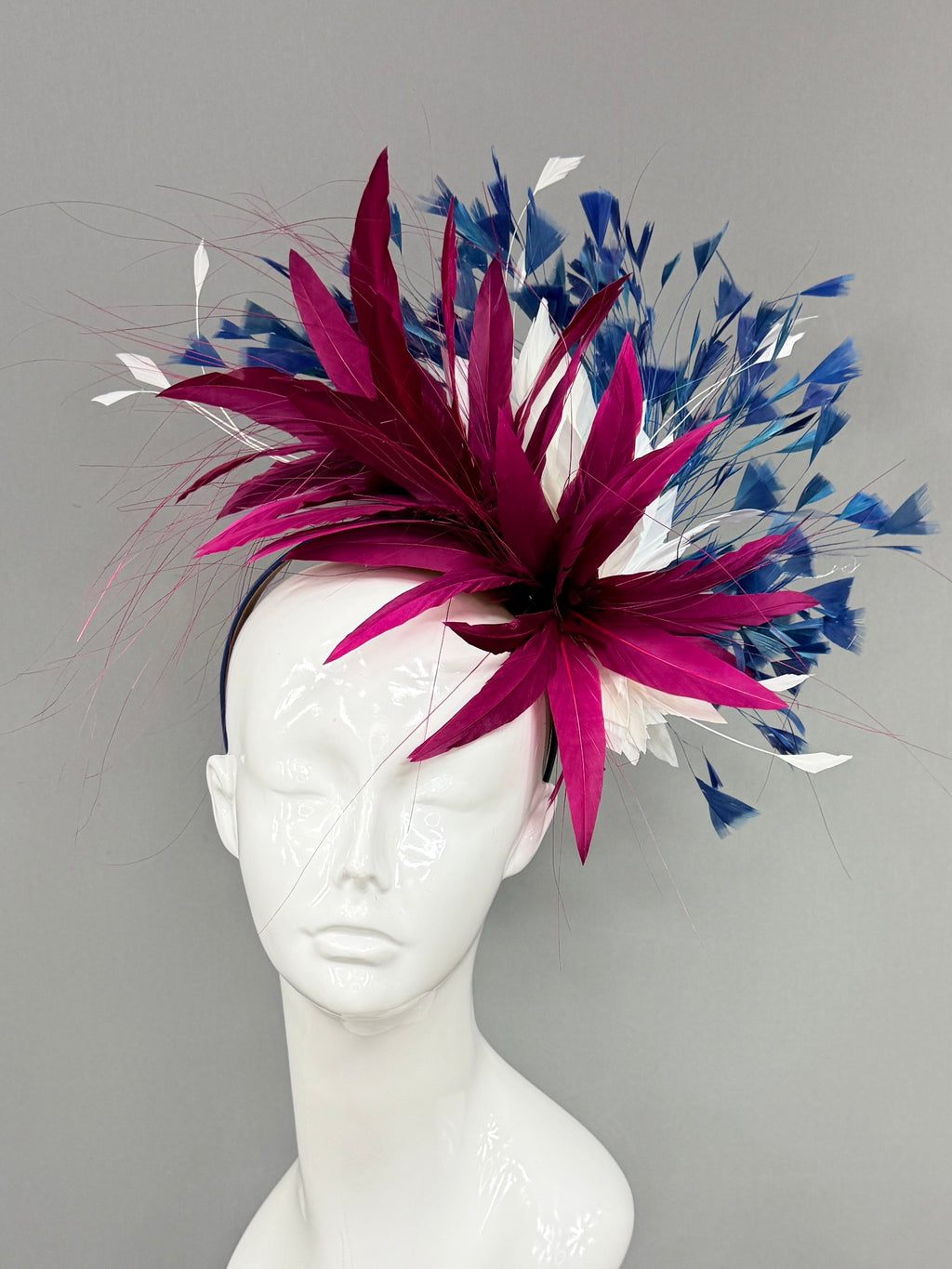 Kentucky Derby Fascinator Hat | Burgundy, white, and blue feathered Headband Hat | Derbyologie