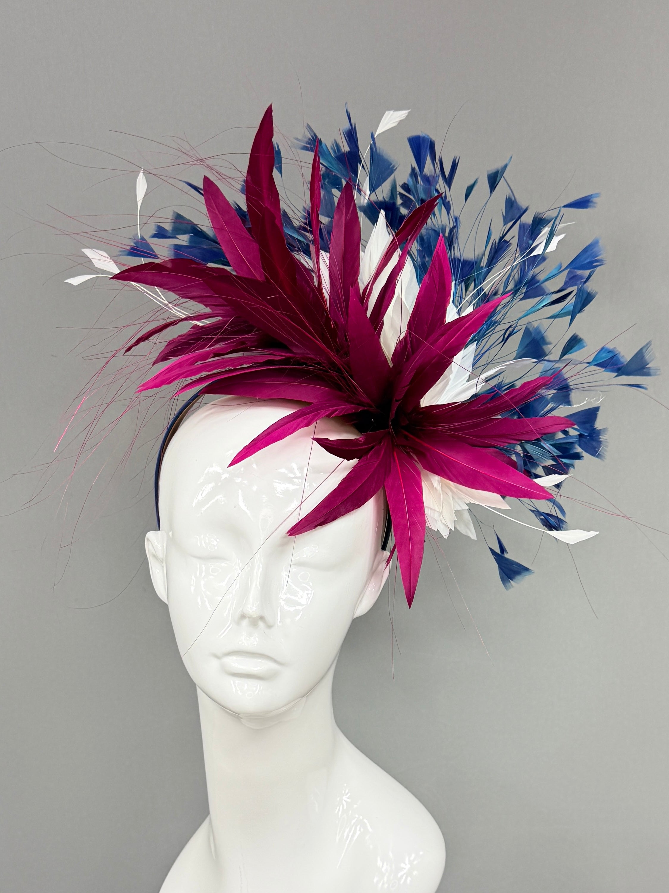 Kentucky Derby Fascinator Hat | Burgundy, white, and blue feathered Headband Hat | Derbyologie