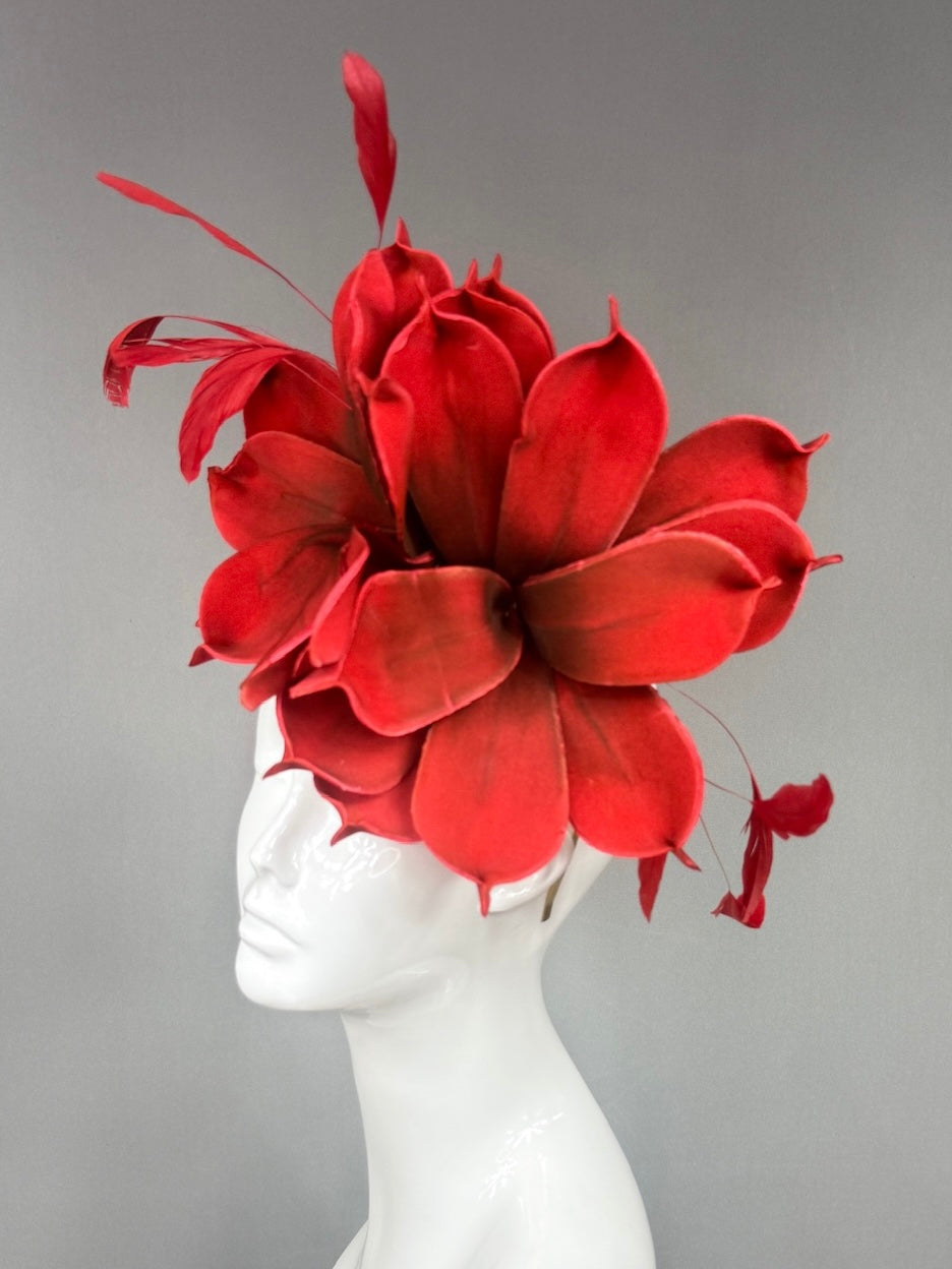Kentucky Derby Fascinator Hat |  Red magnolias and feathers  Headpiece | Derbyologie